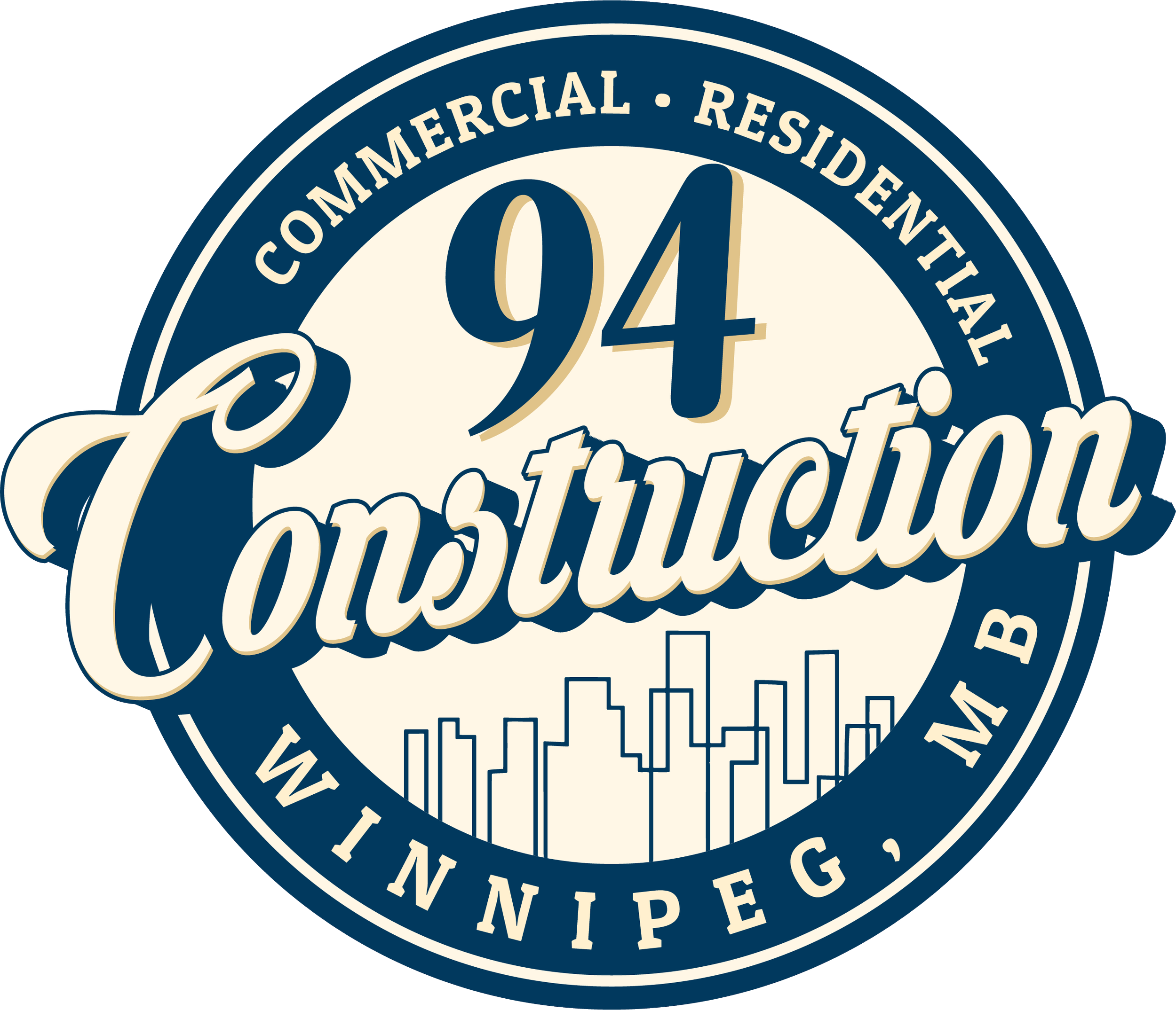 Logo with text '94 Construction' and outline of Winnipeg skyline, surrounded by a circle with the words 'Commercial Residential WB'.