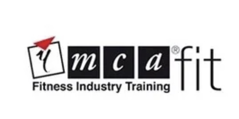 Logo for MCAA Fit, a fitness industry training organization, featuring black and white text with a red arrow design.