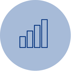 Bar chart with increasing columns on a blue circular background