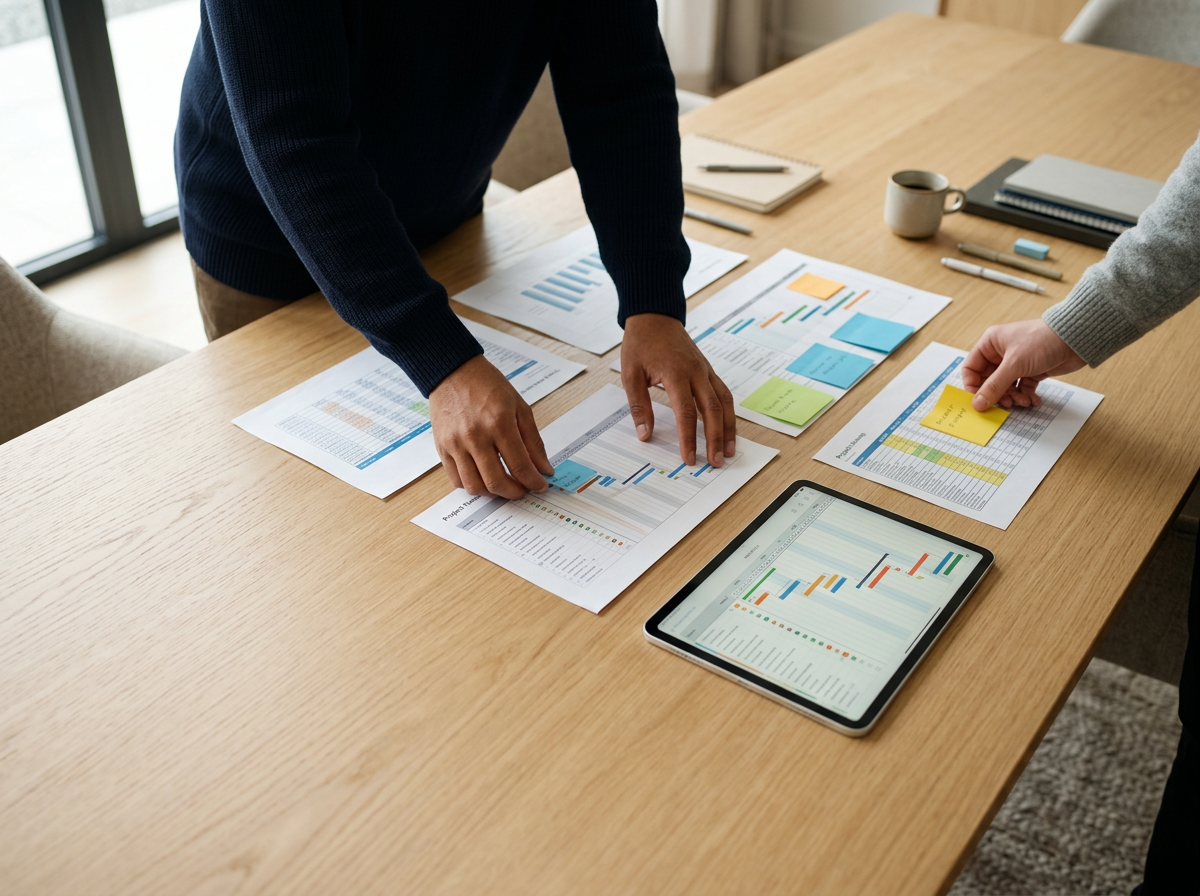 Two people discussing and analyzing data charts and graphs laid out on a wooden table, with a tablet displaying graphs, notebooks, and sticky notes.