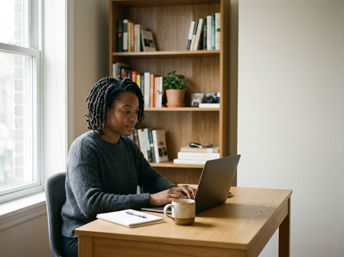 A woman with natural curly hair working on a laptop at a wooden desk in a room with a bookshelf and a window.