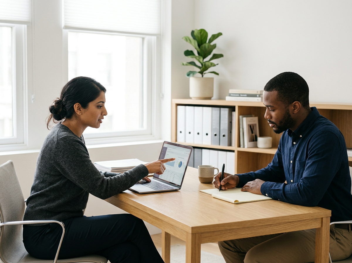 A woman and a man sit at a wooden table during a meeting or discussion in a bright, modern office. The woman points at her laptop screen while the man takes notes in a notebook.