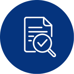 A white document icon with a checkmark magnifying glass inside a blue circular background.