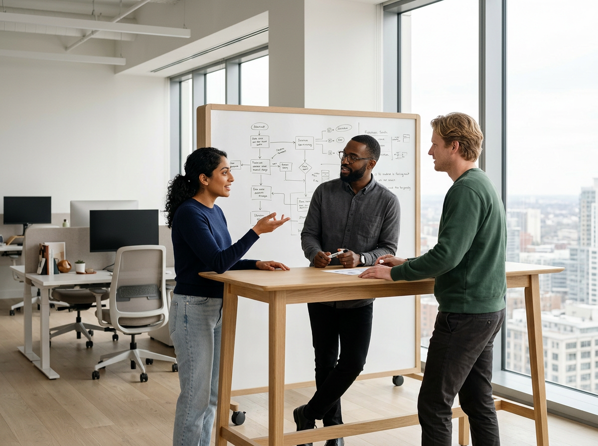 Three colleagues having a discussion near a whiteboard in a modern office with large windows and city views.
