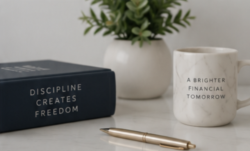 A desk with a black book titled 'Discipline Creates Freedom', a white mug with marble pattern and the text 'A Brighter Financial Tomorrow', a gold pen, and a small plant in a white pot.