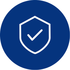A white shield with a checkmark inside on a dark blue circular background.