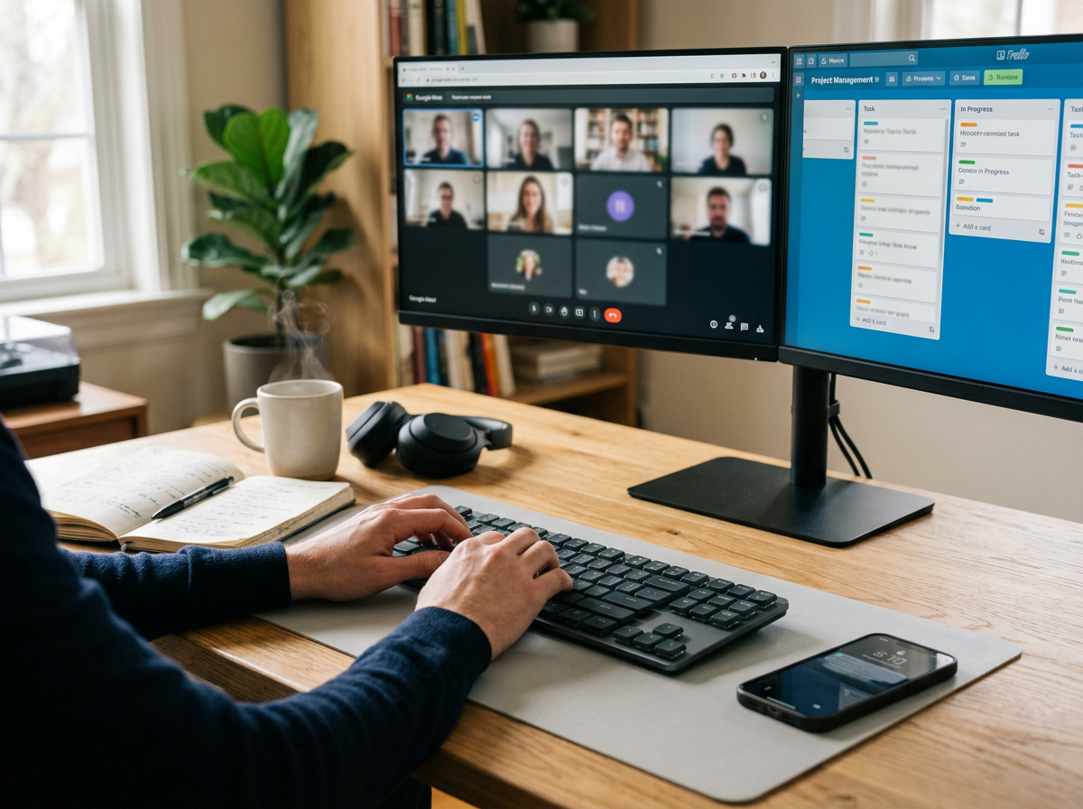 A person working at a wooden desk with dual monitors displaying a video conference and project management software, a coffee mug, headphones, a smartphone, an open notebook with a pen, and a small potted plant nearby.