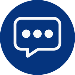 Speech bubble icon with three dots inside on a dark blue circular background.
