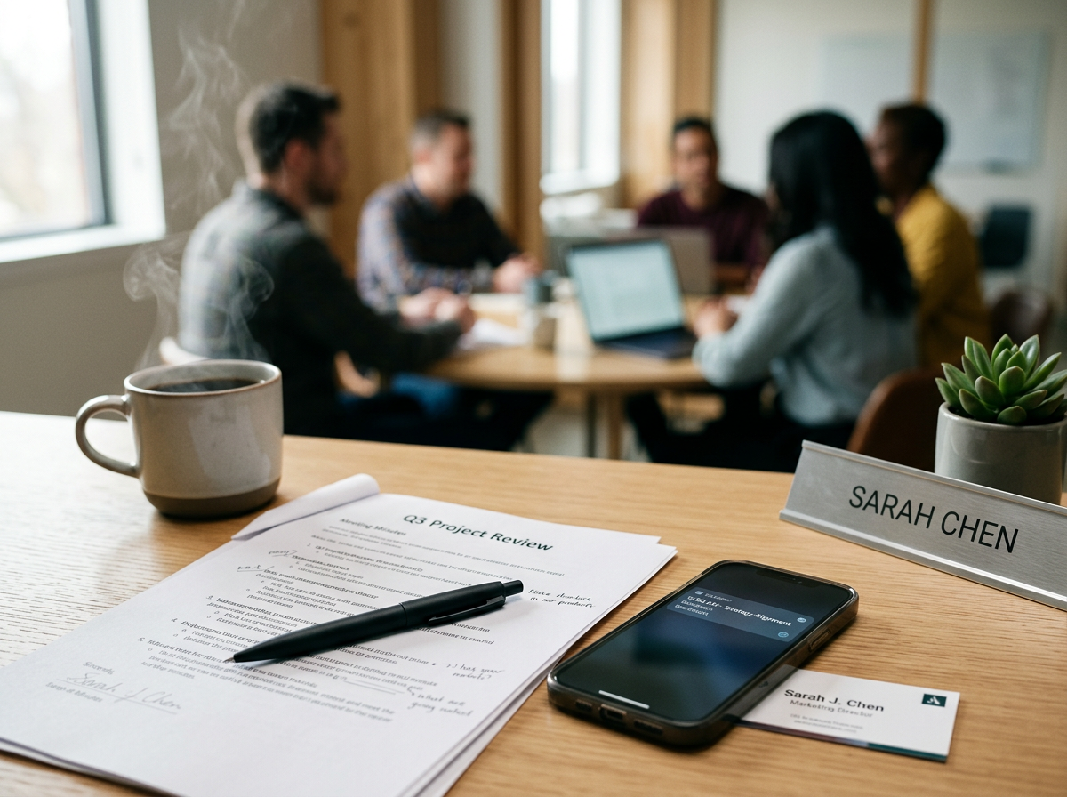 Close-up of a desk with a steaming cup of coffee, a review document, a pen, a smartphone, and a nameplate with "Sarah Chen" in the foreground, and a blurred group of people in a meeting in the background.