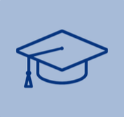 Icon of a graduation cap, blue on light blue background.