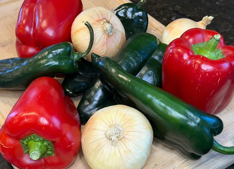 Fresh onions, bell peppers and chiles