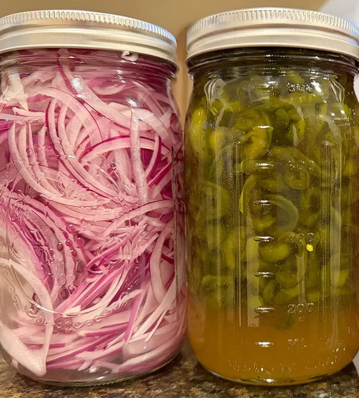 Pickled red onions and candied jalapenos