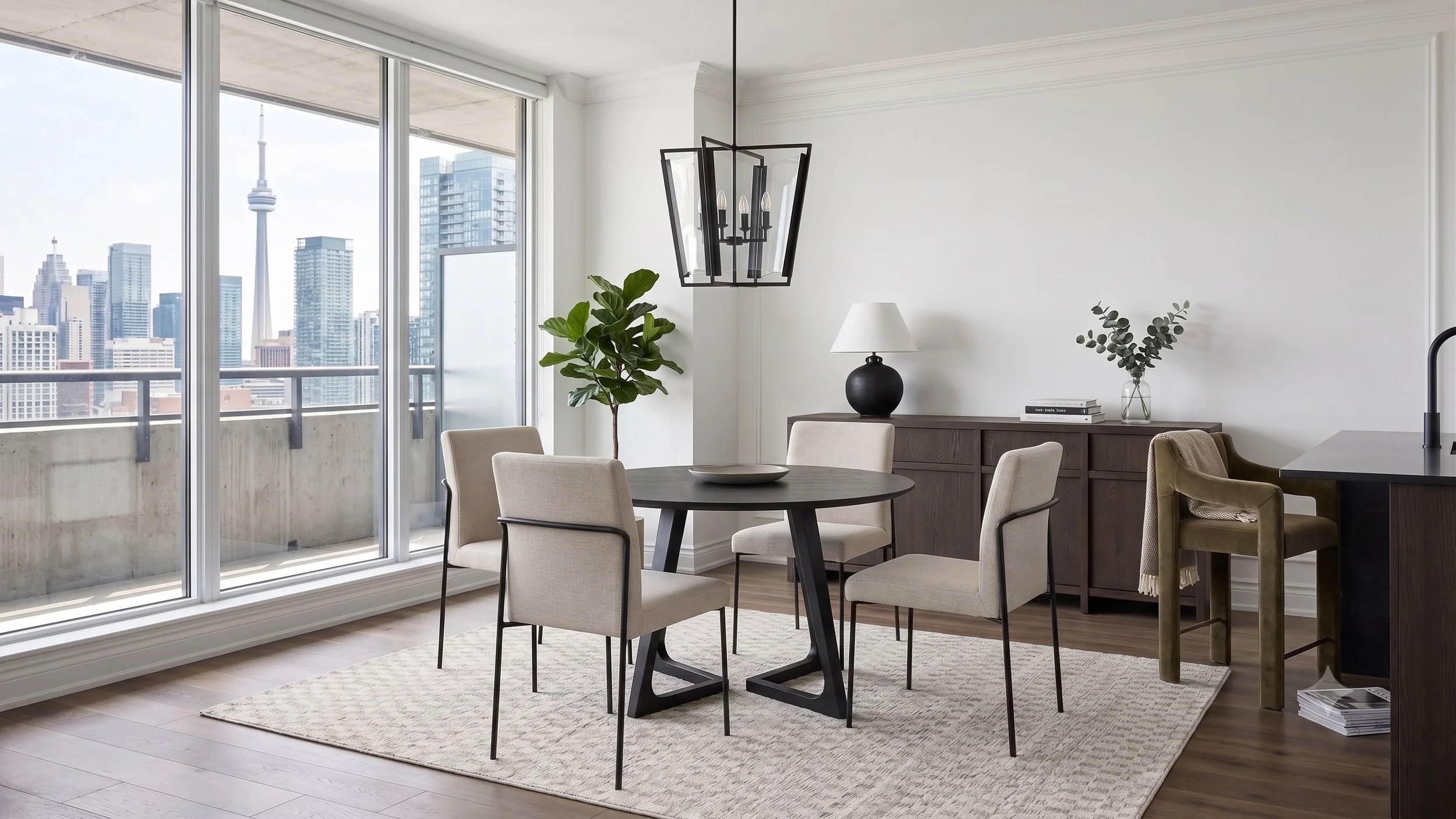 Modern dining area with a black round table, beige chairs, a dark wood sideboard, a large window with city skyline view, green plants, a black lamp, and a geometric chandelier.