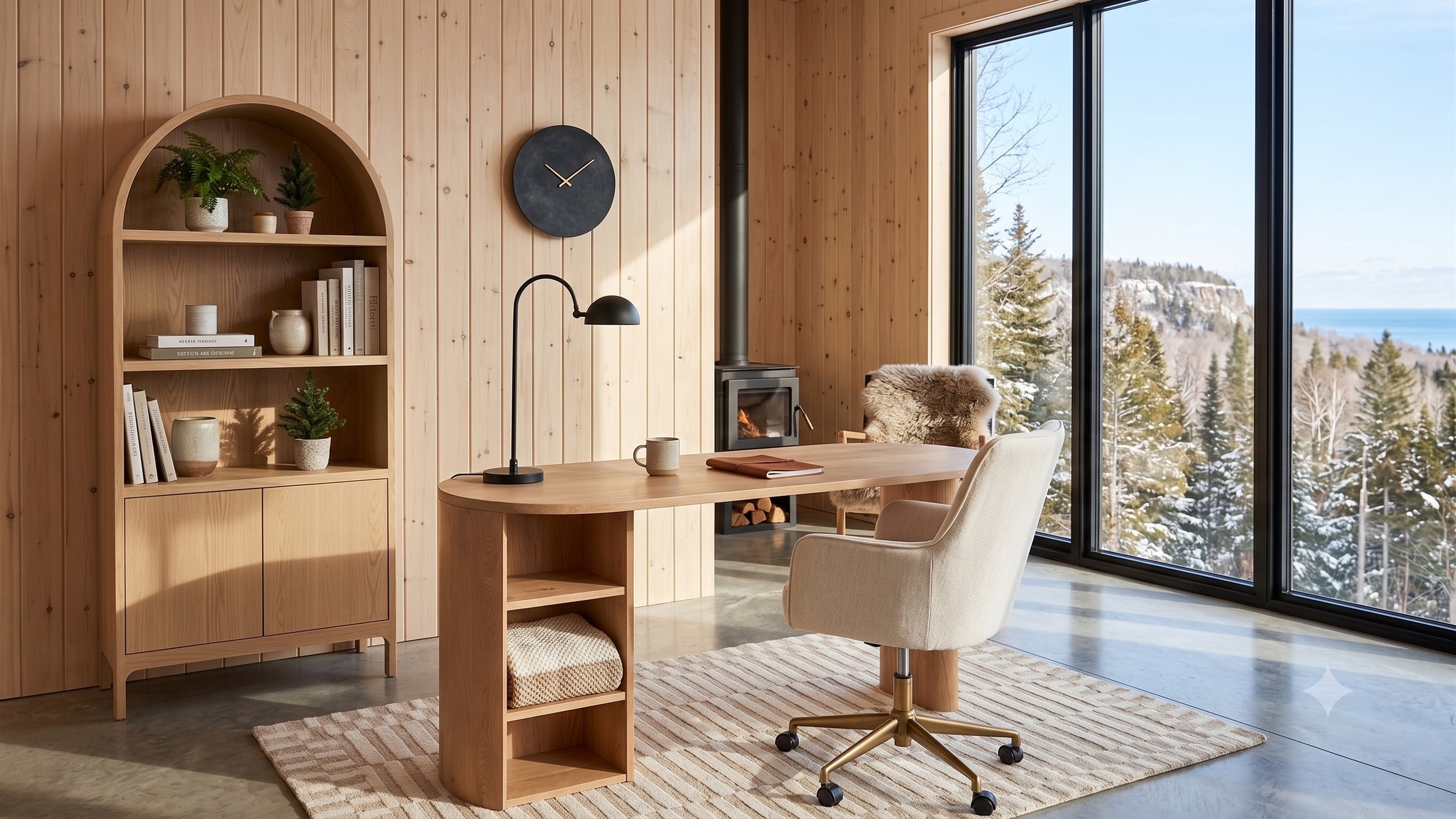 A modern office with a wooden wall, bookshelf with plants and books, a desk with a lamp, a coffee mug, a closed notebook, and a chair. A large window shows a snowy landscape with trees and cliffs outside.