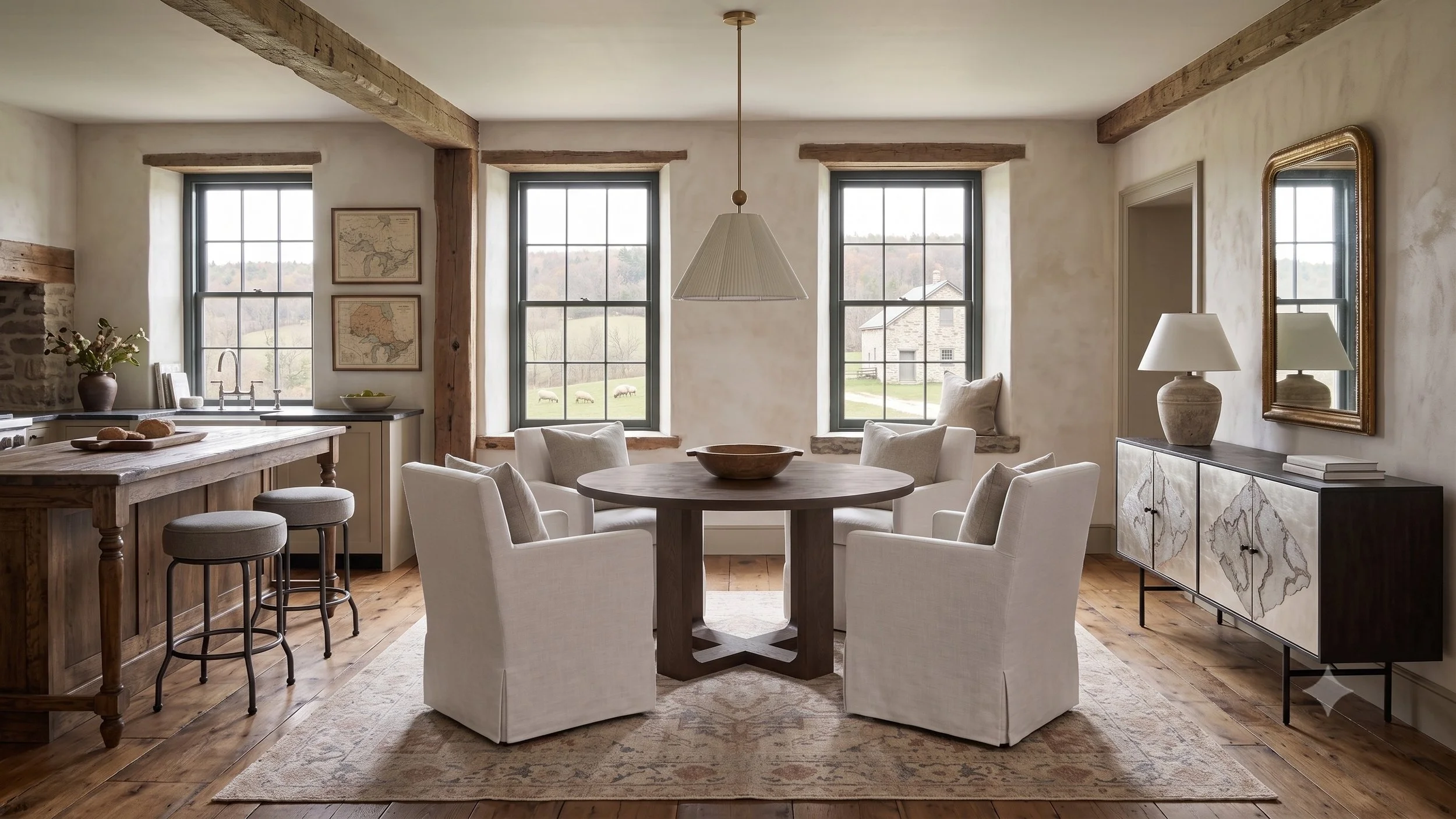 A rustic dining room with three large windows, a round wooden table with eight white upholstered chairs, and a sideboard with a large mirror, lamps, and decorative items. Exposed wooden beams are on the ceiling.