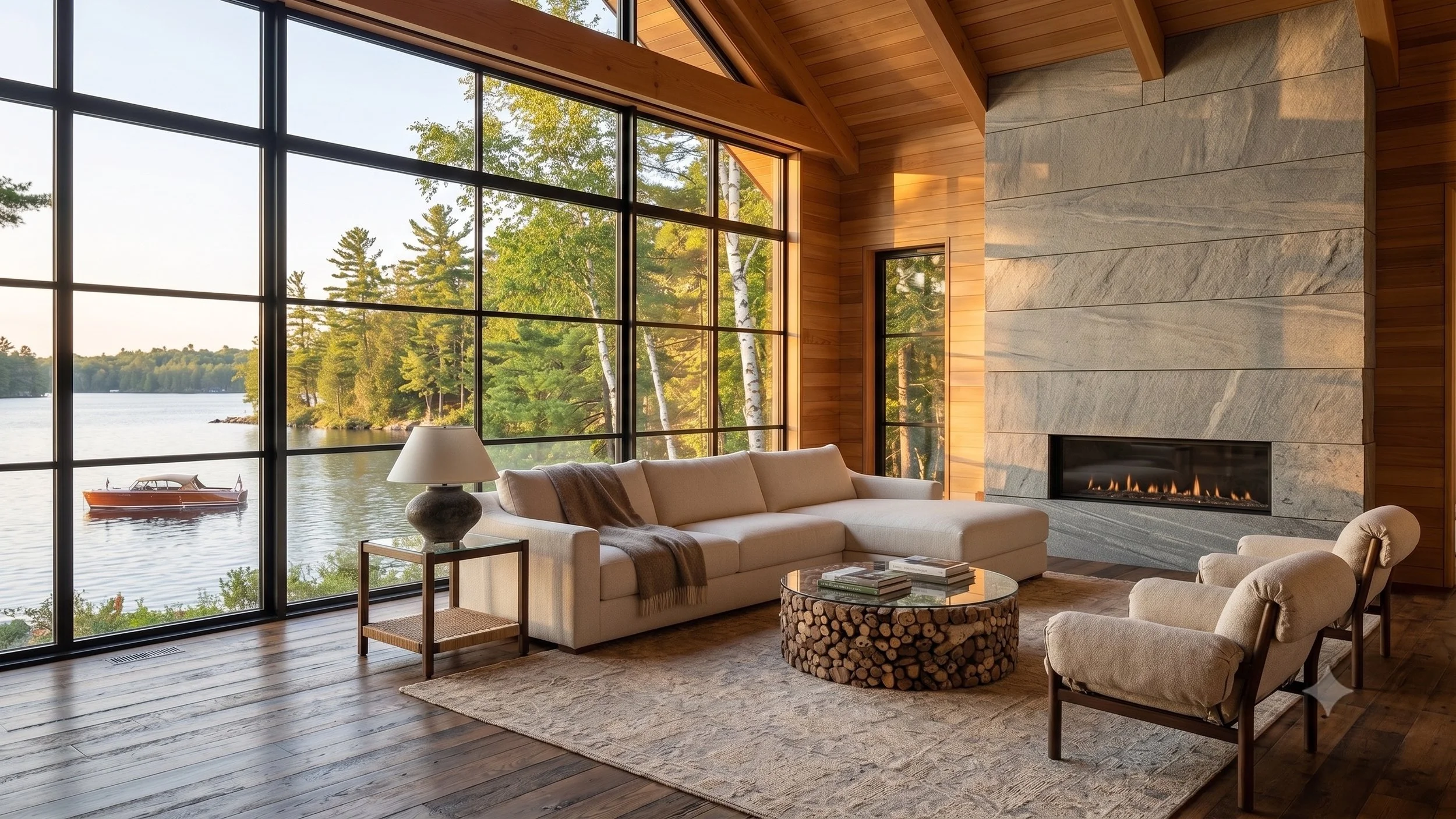 A modern living room with large floor-to-ceiling windows overlooking a lake and boat, a white sofa with beige and gray throw blankets, a wooden side table with a lamp, and a stone fireplace with warm lighting.