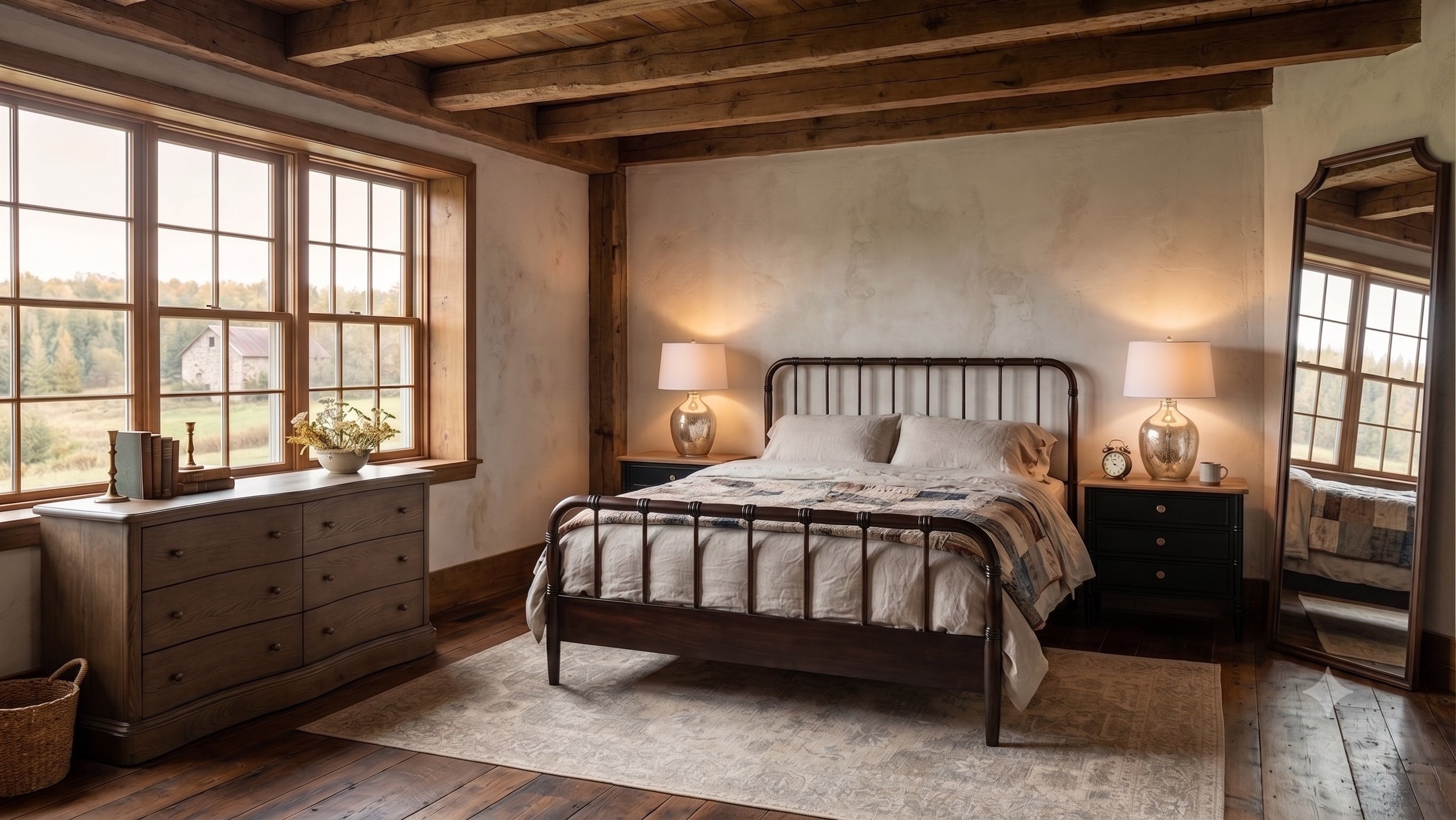 A bedroom with a rustic design featuring large windows, a metal bed with white bedding, two nightstands with lamps, a dresser with decorative items, a mirror, and wooden ceiling beams.
