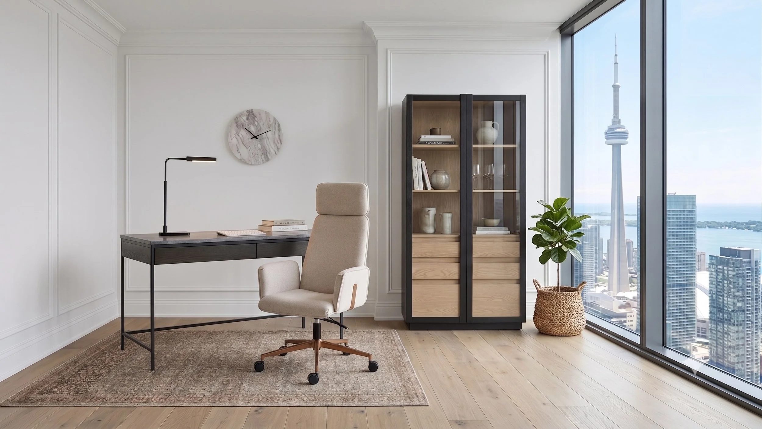 Modern office space with a desk, white chair, wall clock, tall cabinet with glass doors, potted plant, large windows with city skyline view.