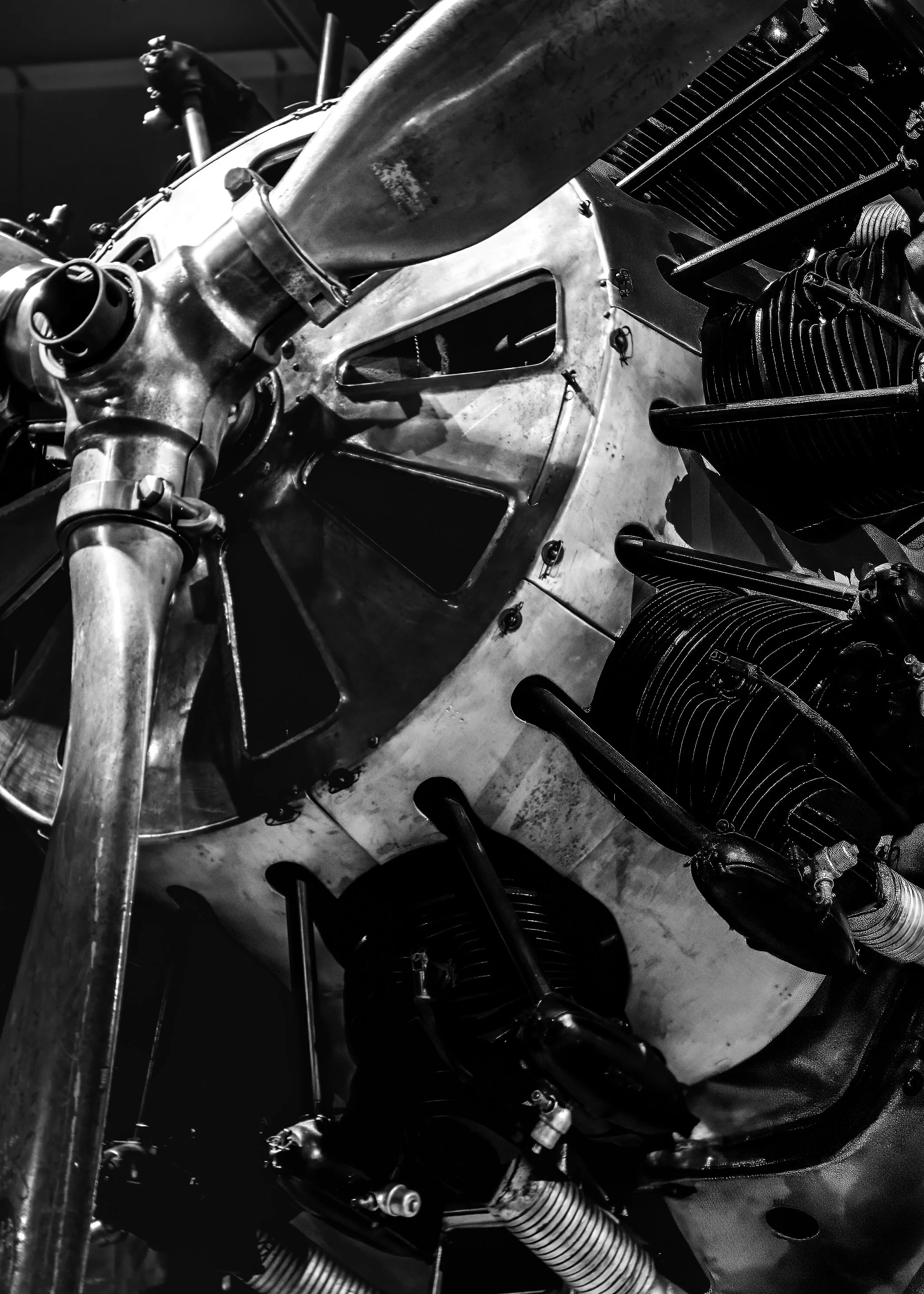 Black and white photo of the front section of a vintage aircraft engine, showing cylinders, pipes, and metal components.