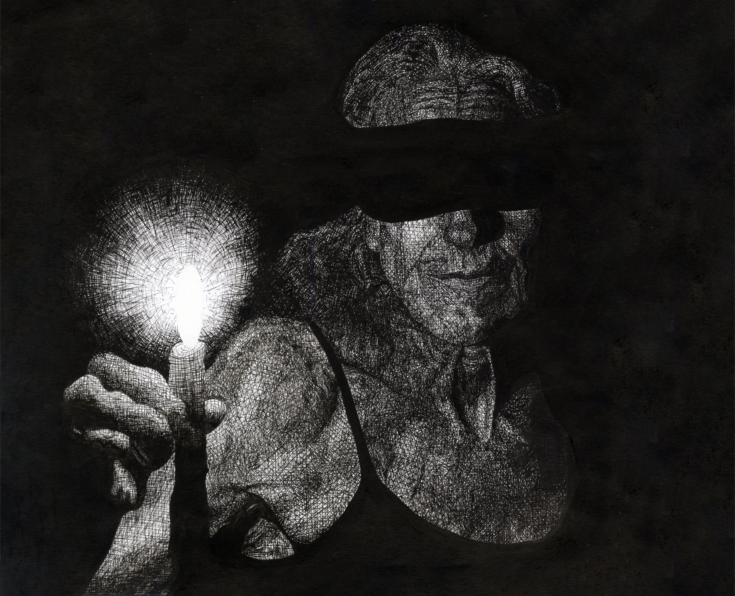Silhouette of a person wearing sunglasses and a hat, holding a lit match with a bright flame in dark surroundings.