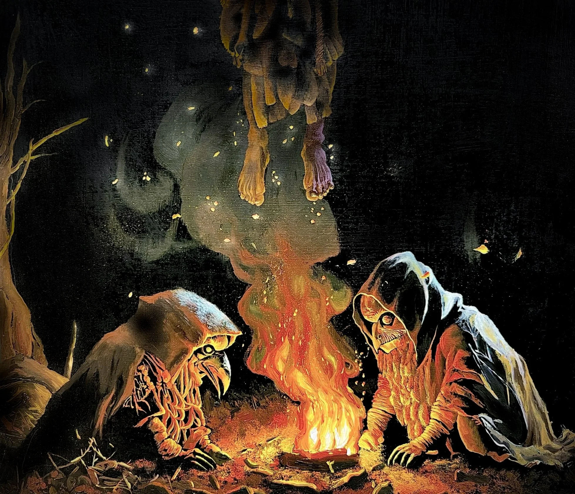 Two skeleton-like cloaked cultist figures  sitting by a campfire at night moonlight, with a mysterious pair of human legs  hanging  above them. moonlight, spooky