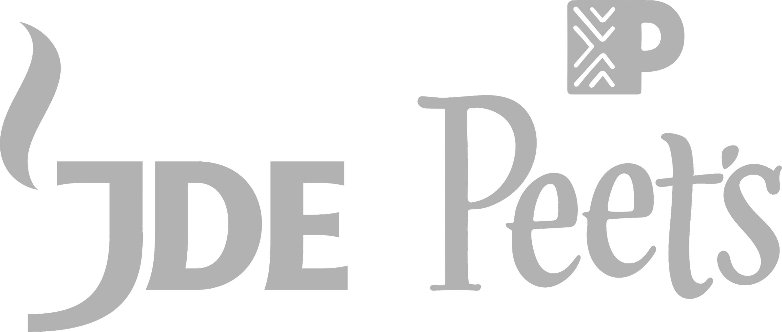 Logotipo com letras estilizadas e uma xícara de café ao lado, com a frase 'JDE PEET' em destaque, em tons de cinza e preto. Mitigação de riscos relacionais e desenvolvimento de liderança no setor global de bens de consumo.