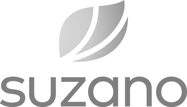 Logotipo da Suzano, empresa de papel e celulose, em tons de cinza. Intervenção estratégica e governança corporativa no setor de celulose e sustentabilidade.