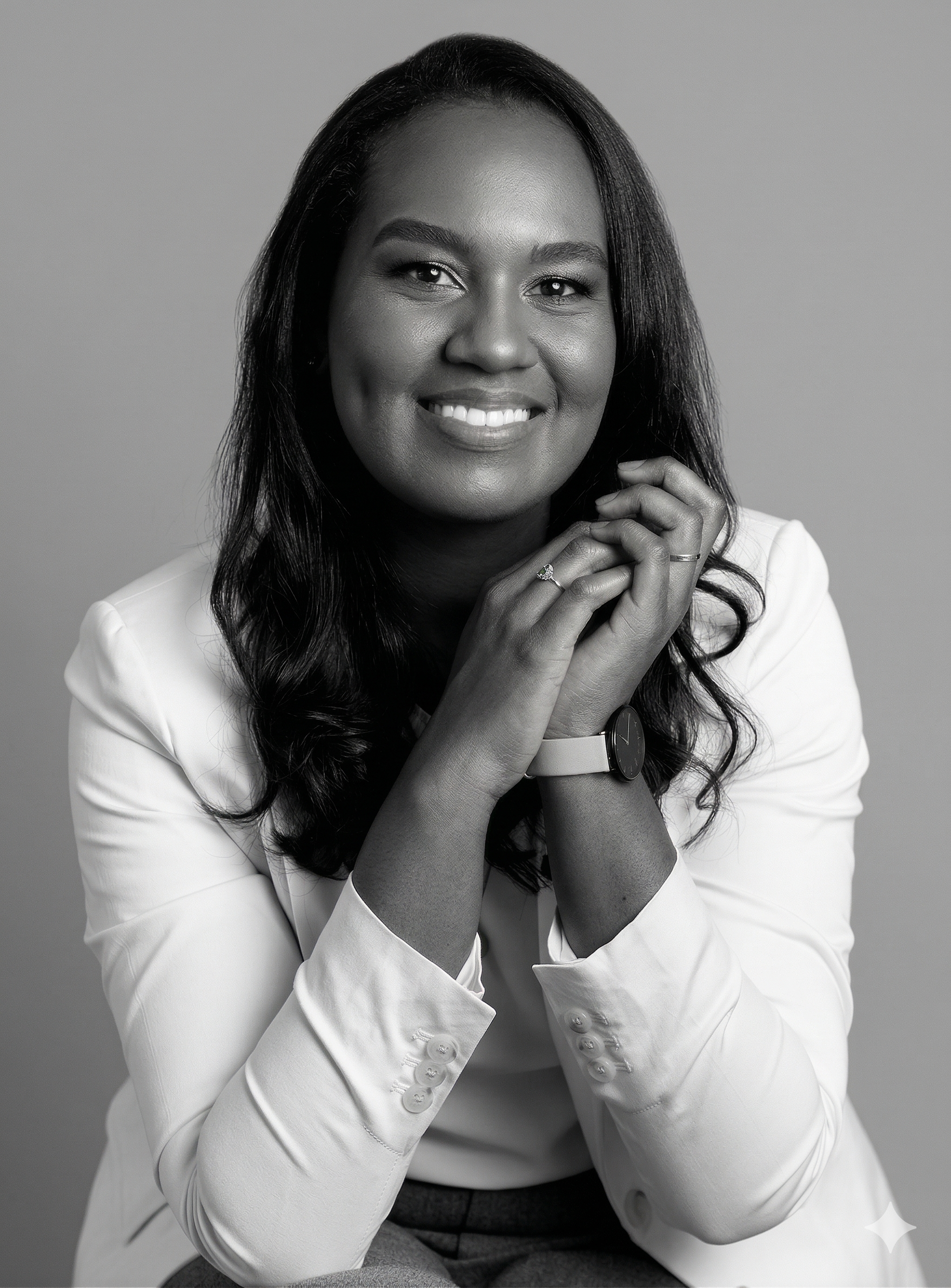 Retrato em preto e branco de uma mulher sorrindo, com cabelo escuro e liso, usando um blazer branco, relógio e anéis, com as mãos apoiadas sob o queixo.