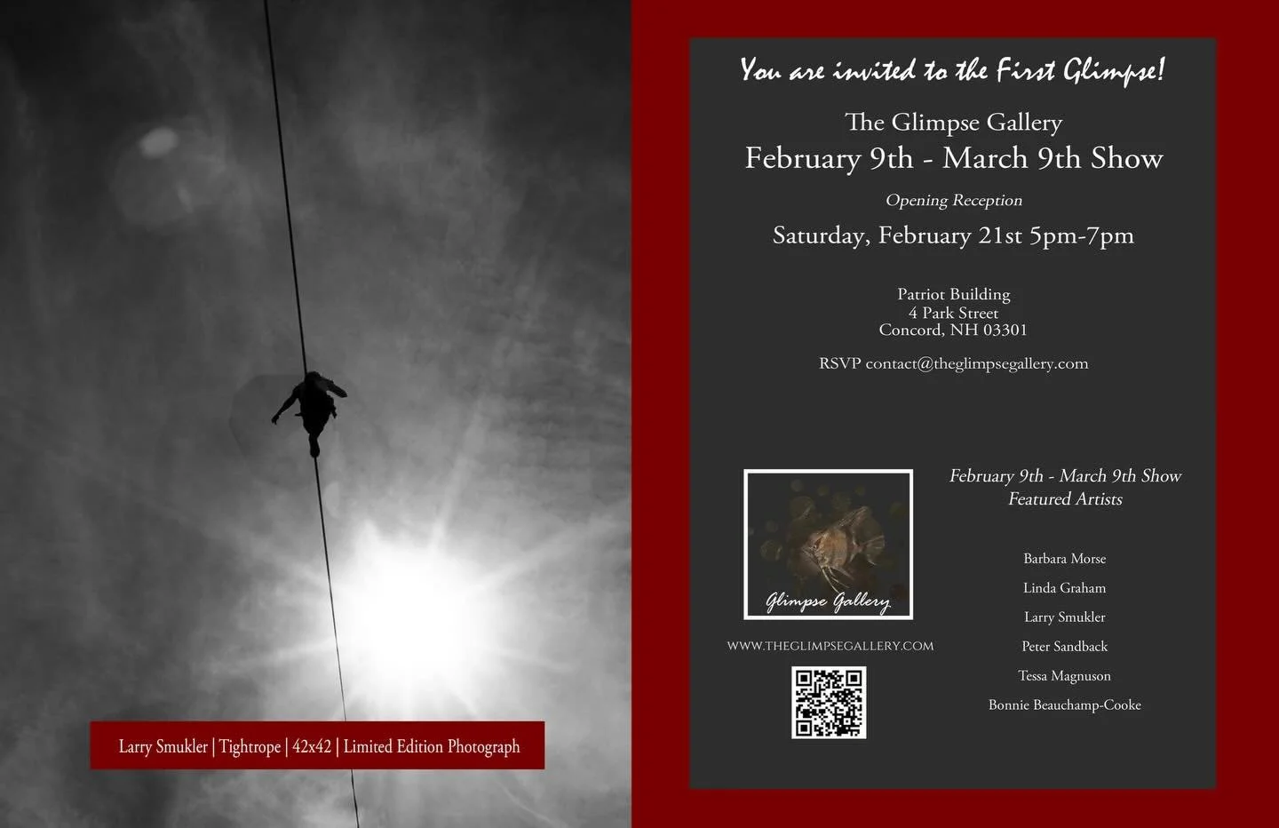 Delighted to be among the artists exhibiting this month at the Glimpse Gallery in Concord. The reception is February 21st between 5pm and 7pm. If you can&rsquo;t make to the reception and would like to see the exhibition, let me know and I will arran