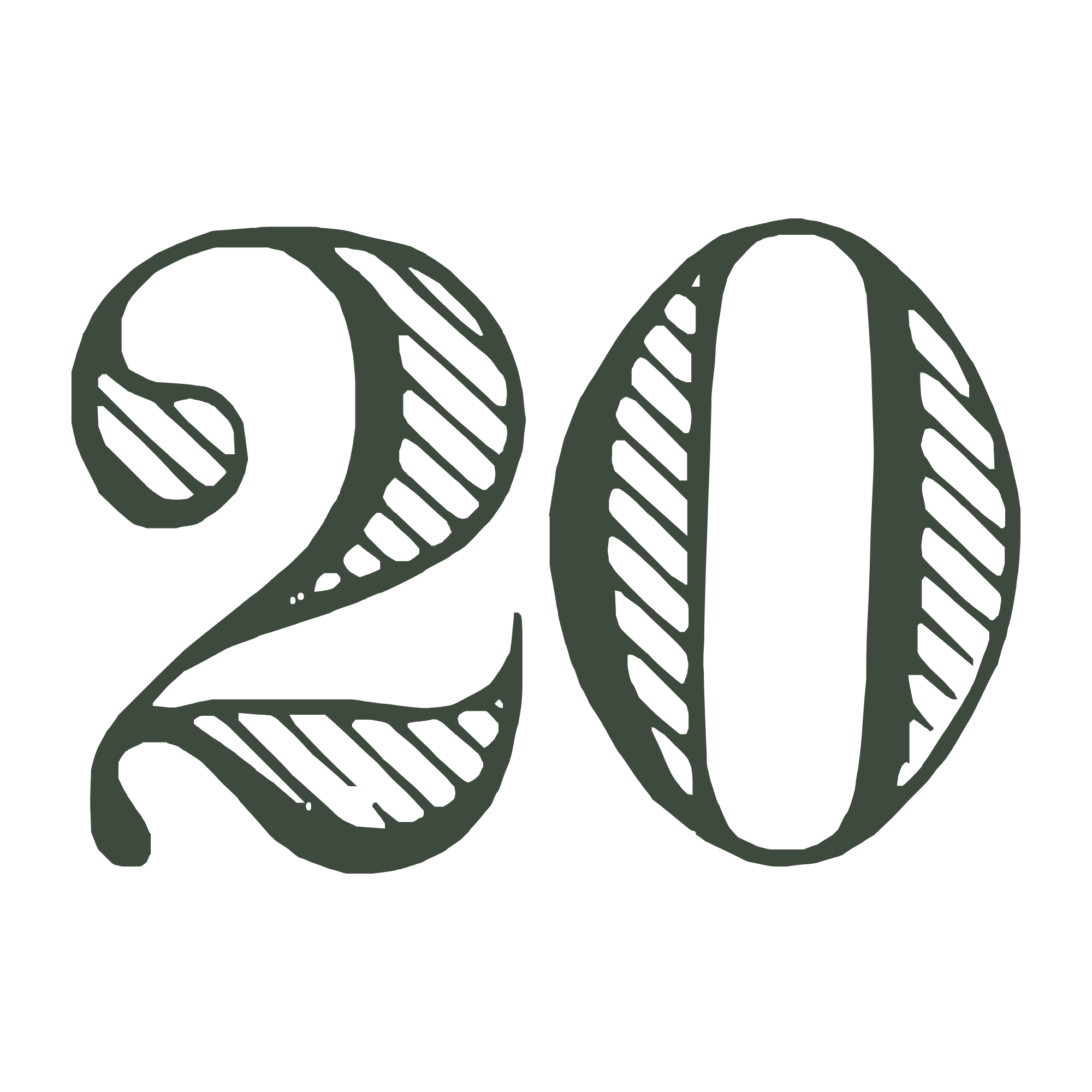 Hand-drawn illustration of the number 20 with striped shading.