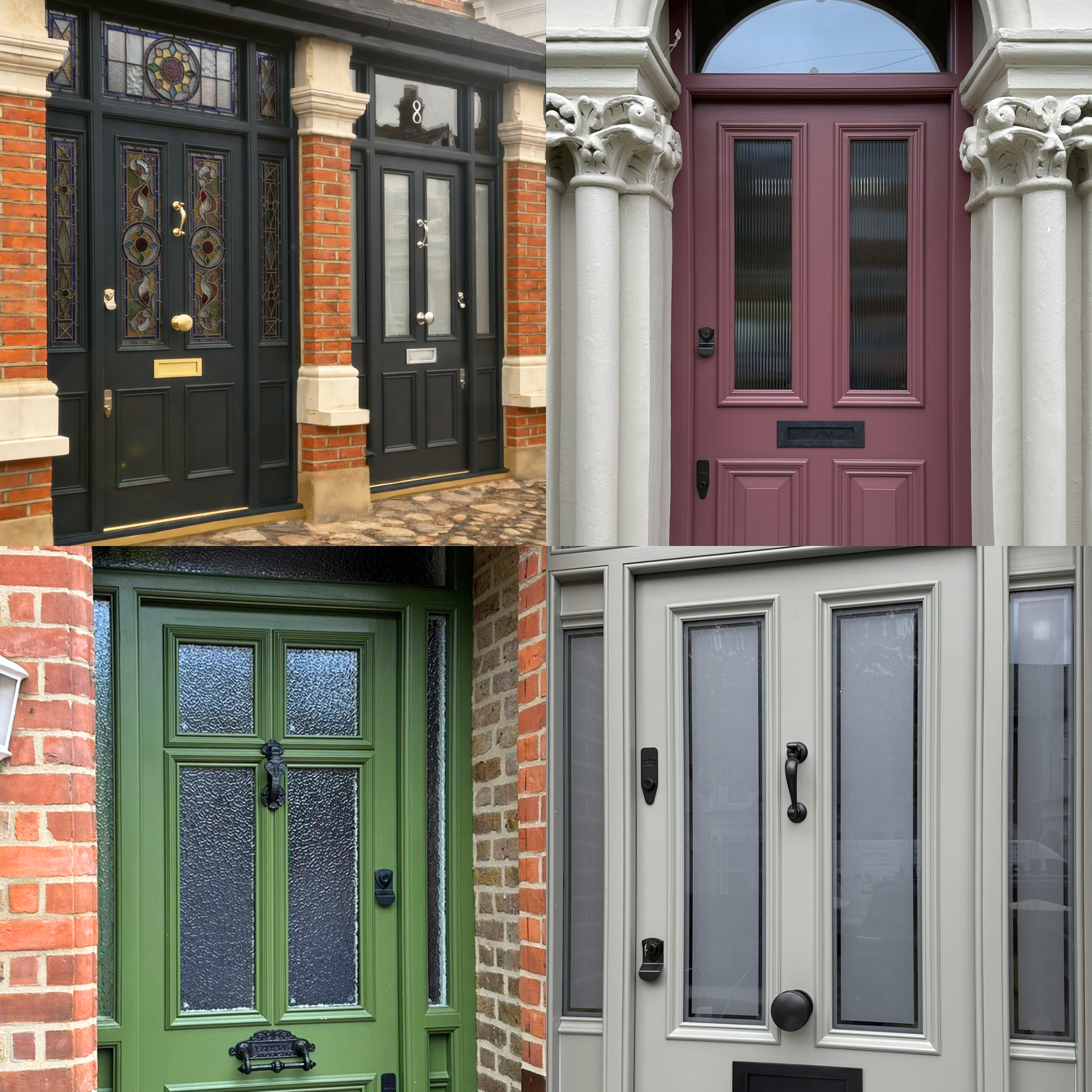 Collage of four different handmade bespoke accoya front doors with various styles and colors.