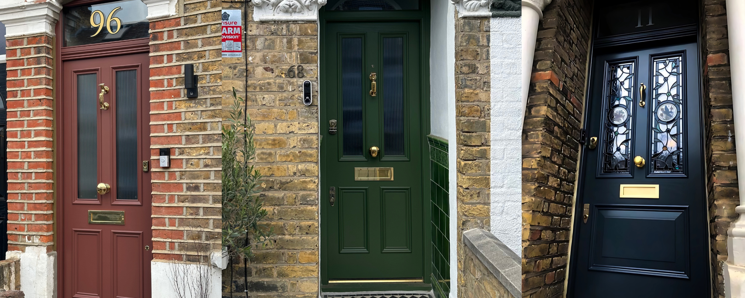 Three handmade bespoke accoya front doors of houses side by side. 