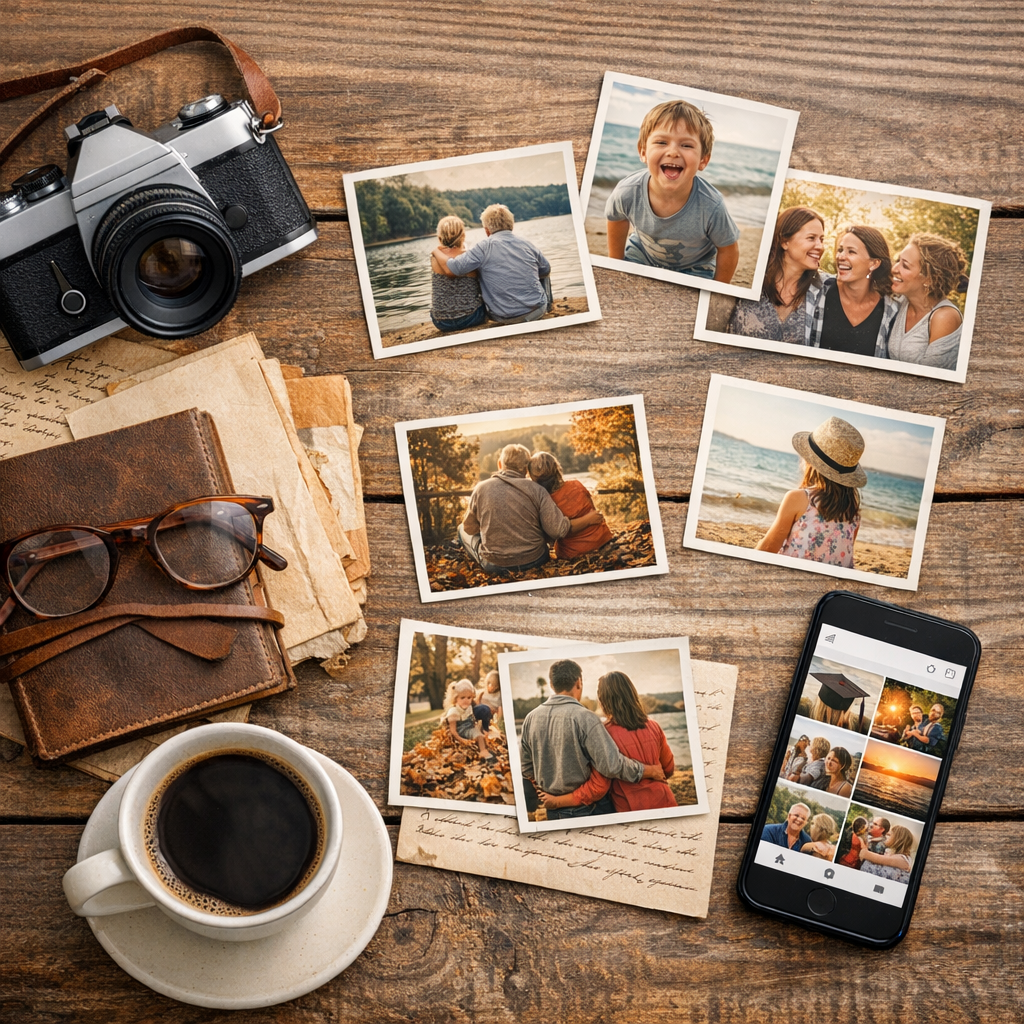 camera, coffee, old photos scattered on a table
