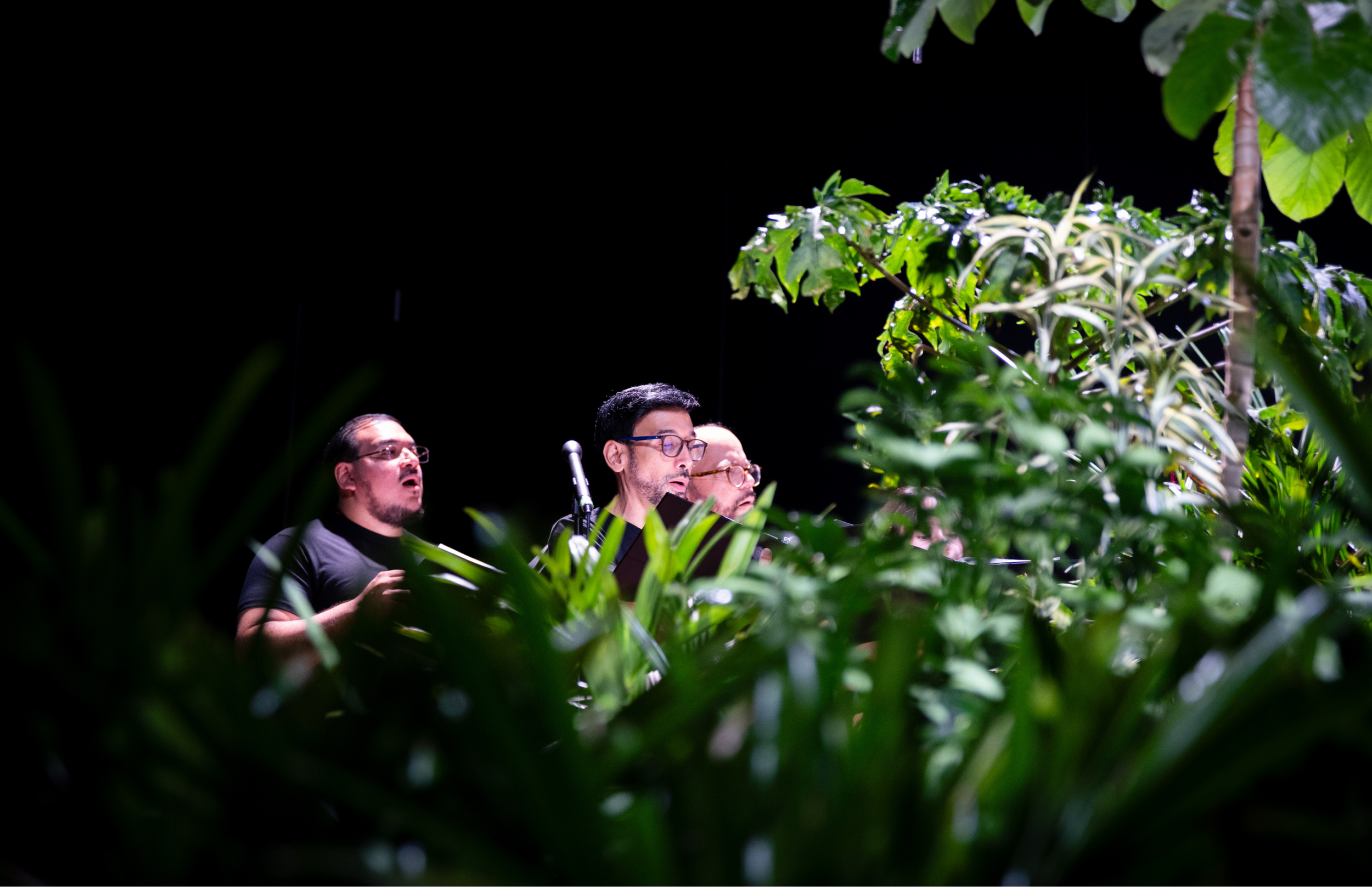 Tres cantantes vestidos de negro cantan detrás de plantas en primer plano. Un micrófono se eleva entre la vegetación.
