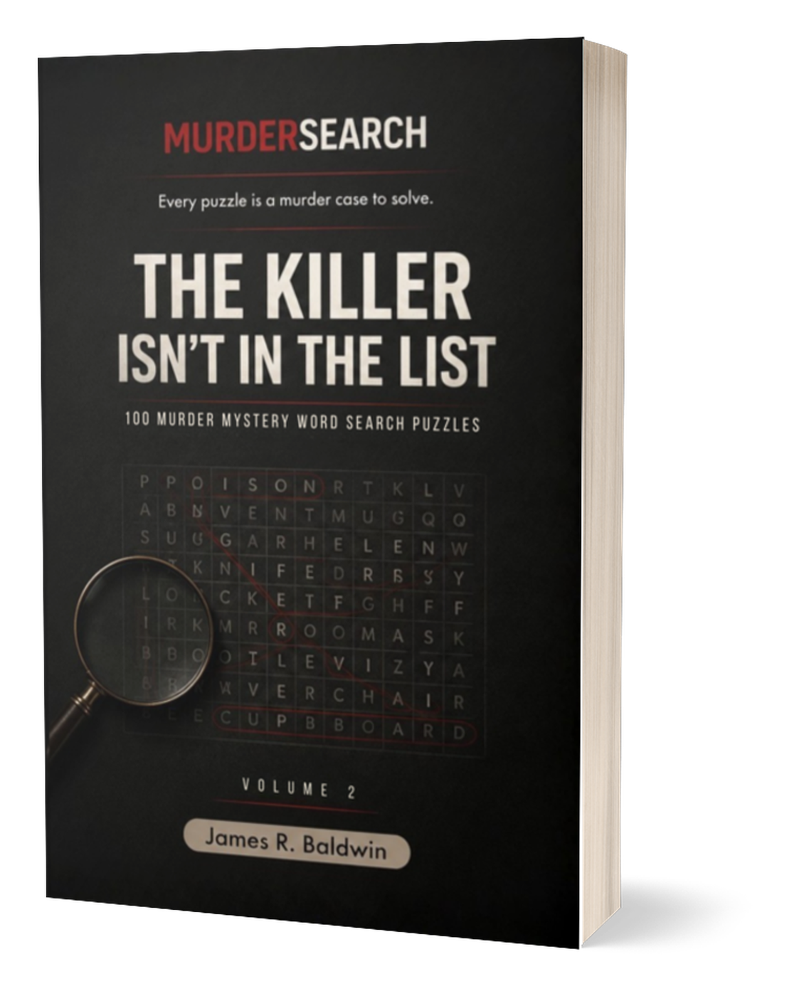 Book cover titled 'Murder Search: The Killer Isn't in the List,' Volume 2, by James R. Baldwin, with a dark background and a crossword puzzle with a magnifying glass.