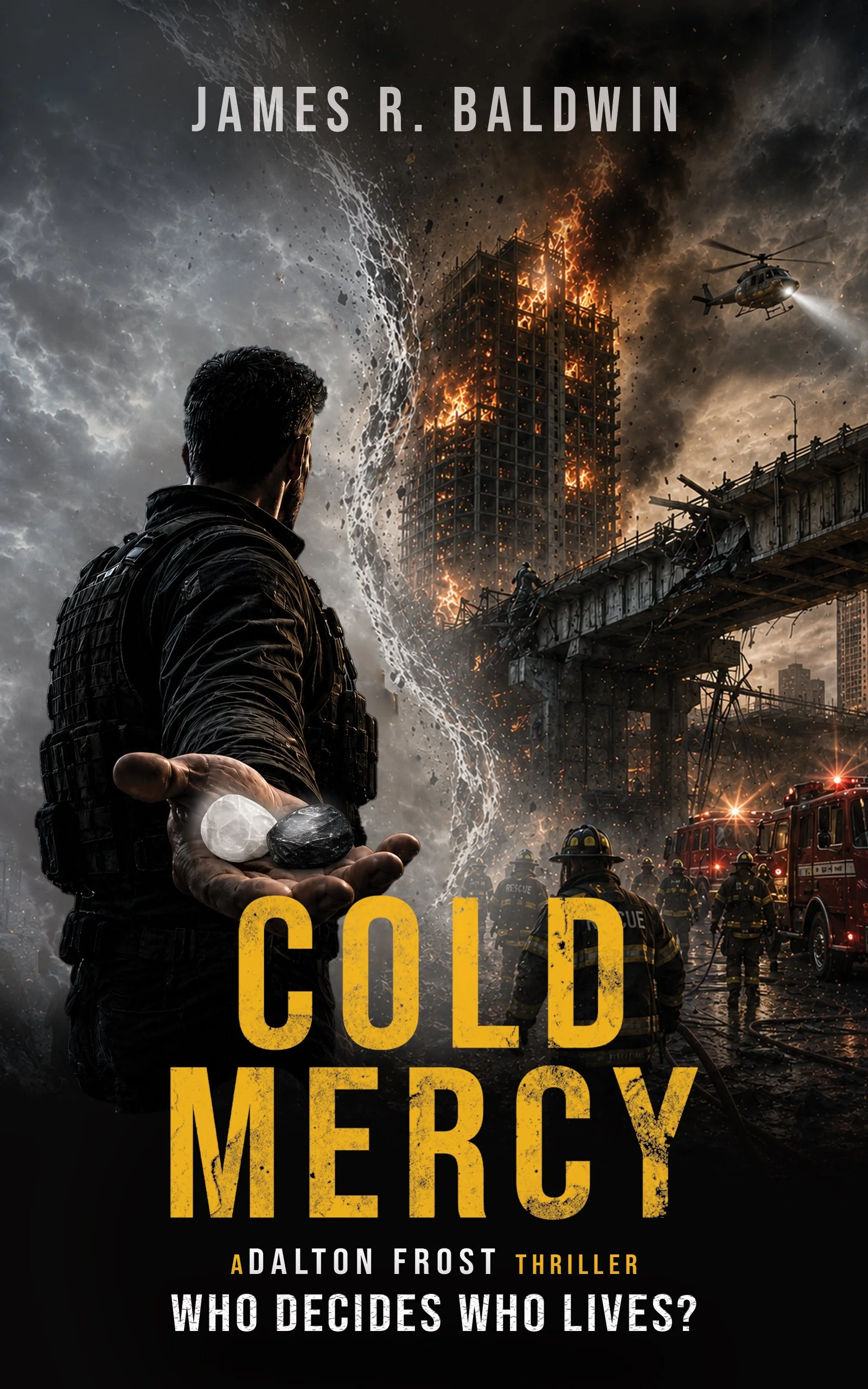 A firefighter, seen from behind, holds out a handful of stones or crystals. In the background, a building is on fire, with smoke and flames, while firefighters and emergency vehicles attend the scene. The sky is dark and stormy. The cover text says, 'Gold Blood Mercury' and 'Who decides who lives?' The author's name, Dalton Frost, and the genre, thriller, are also on the cover.