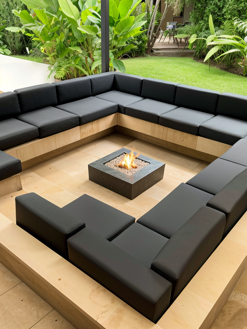 A modern outdoor seating area with black cushioned seats forming a square around a small fire pit with a flame, set on a beige tiled floor, with a lush green garden and outdoor furniture visible in the background.