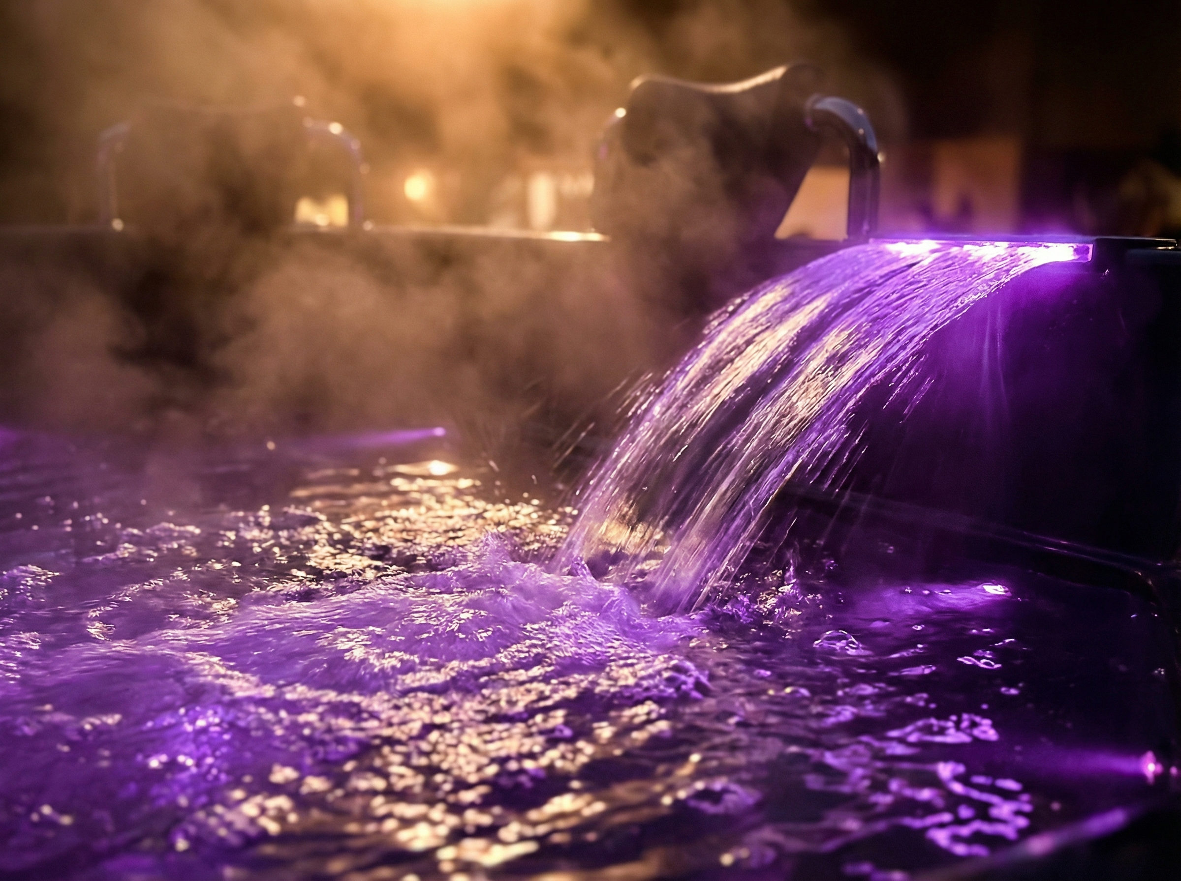 Close-up of water flowing over rocks with purple and golden lighting, creating a misty effect.