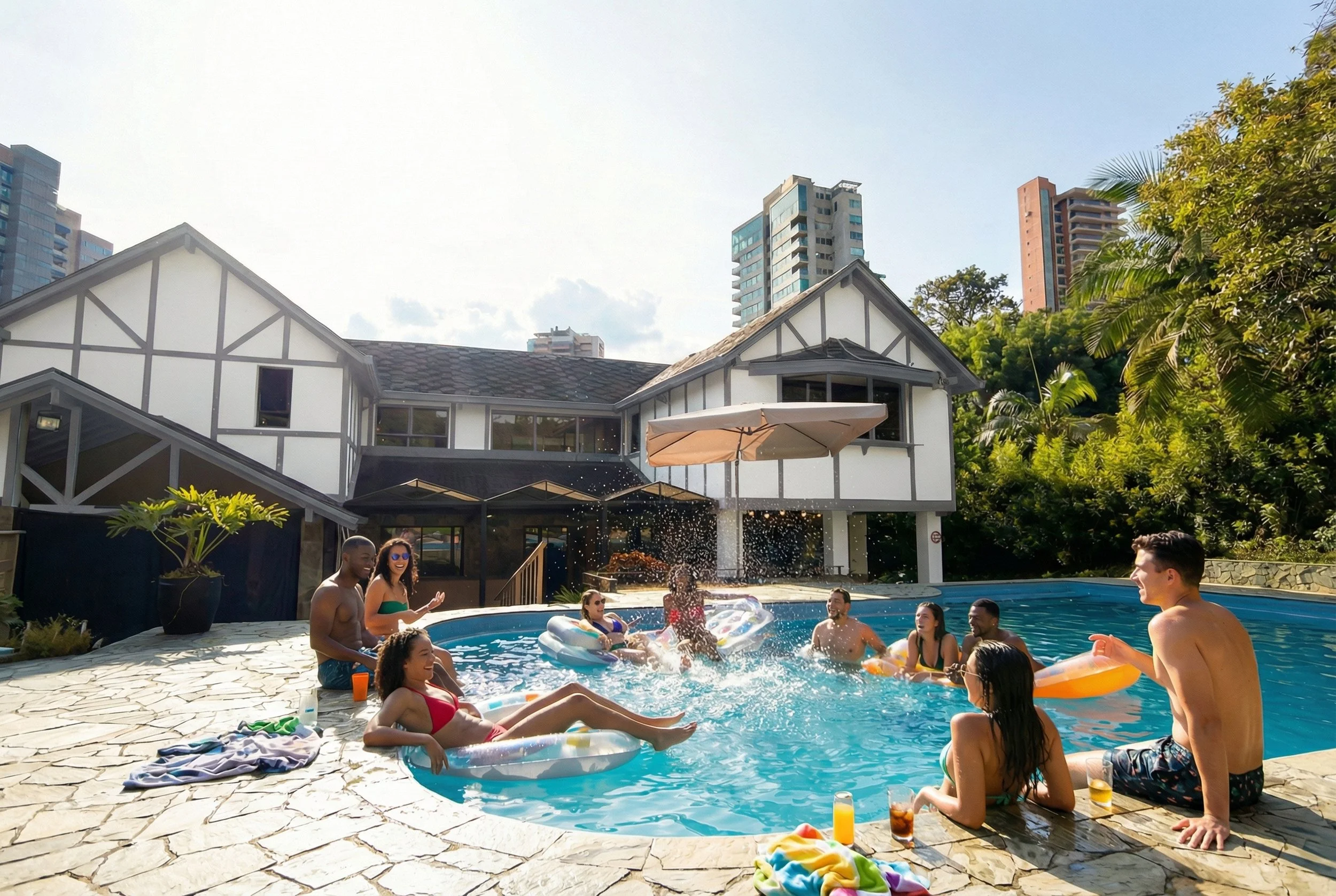 A group of people enjoying a pool party, with some lounging on pool floats and others socializing, surrounded by greenery and tall buildings in the background.