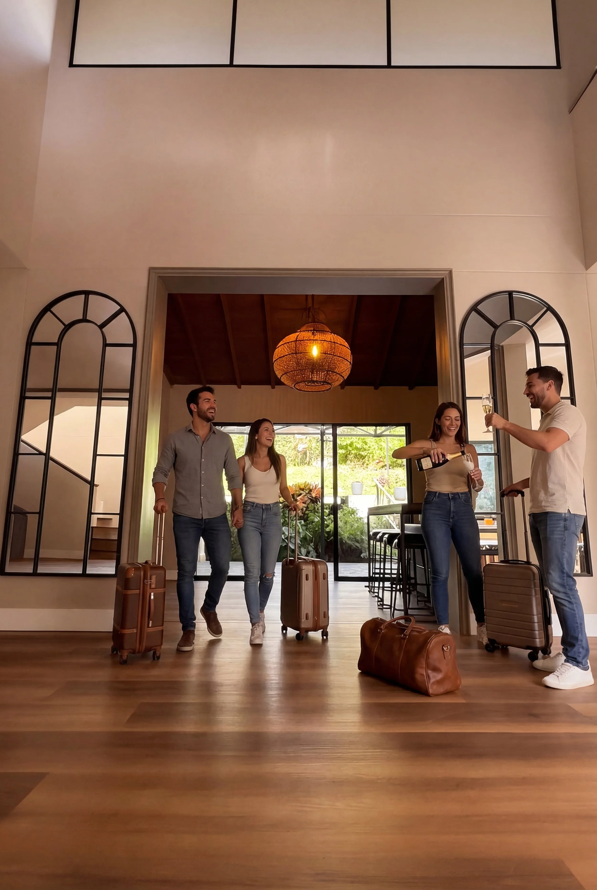 A group of four people standing inside a house with luggage, smiling and chatting, one person is pouring a drink, and they are near a large window with a view of greenery outside. The house has wooden floors, modern decor, and a large light fixture hanging from the ceiling.