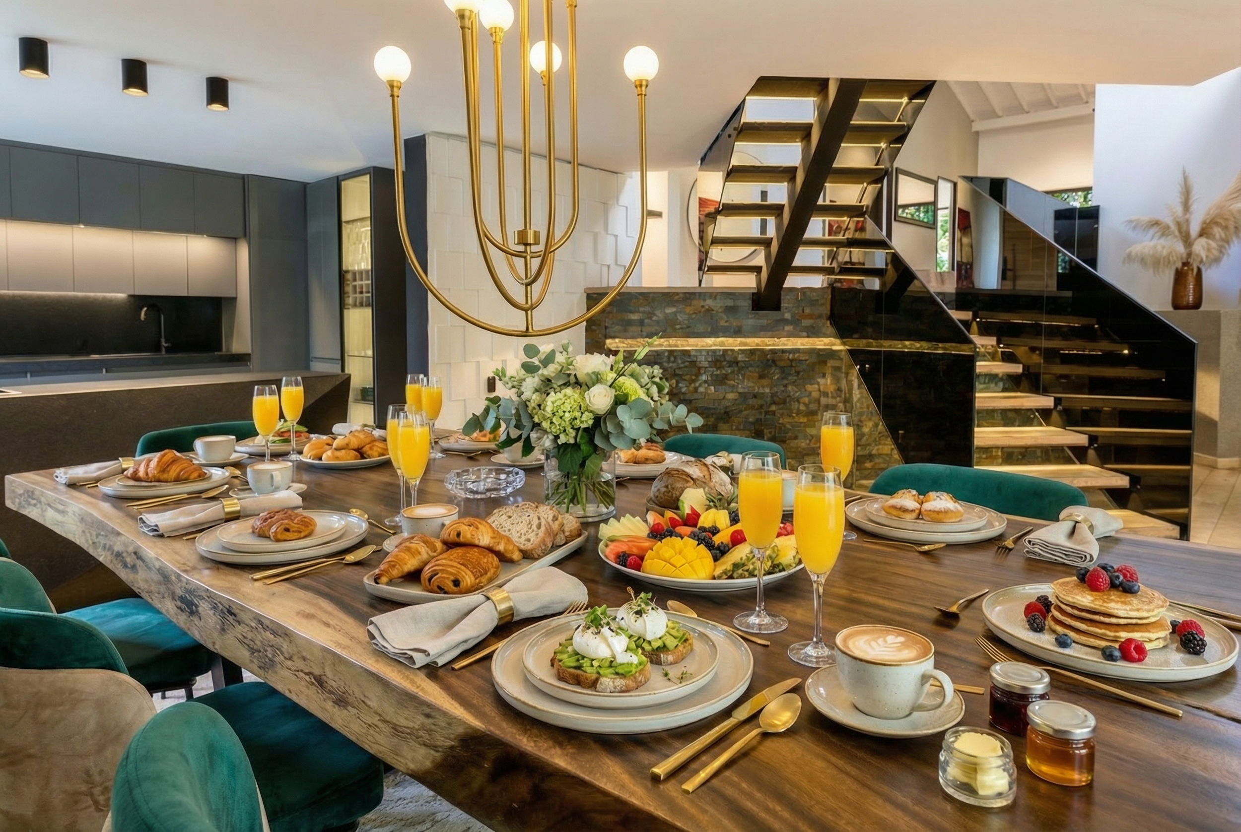 A dining table set for breakfast or brunch with croissants, muffins, fruit, and glasses of orange juice, in a modern home interior with staircase and chandelier.