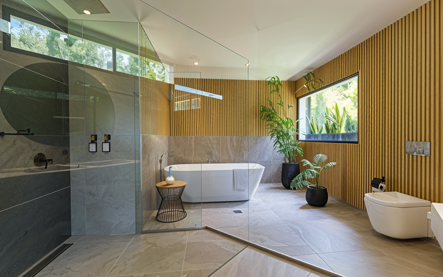 Modern bathroom with large window, wooden accent wall, freestanding bathtub, plants, glass shower enclosure, and sleek fixtures.