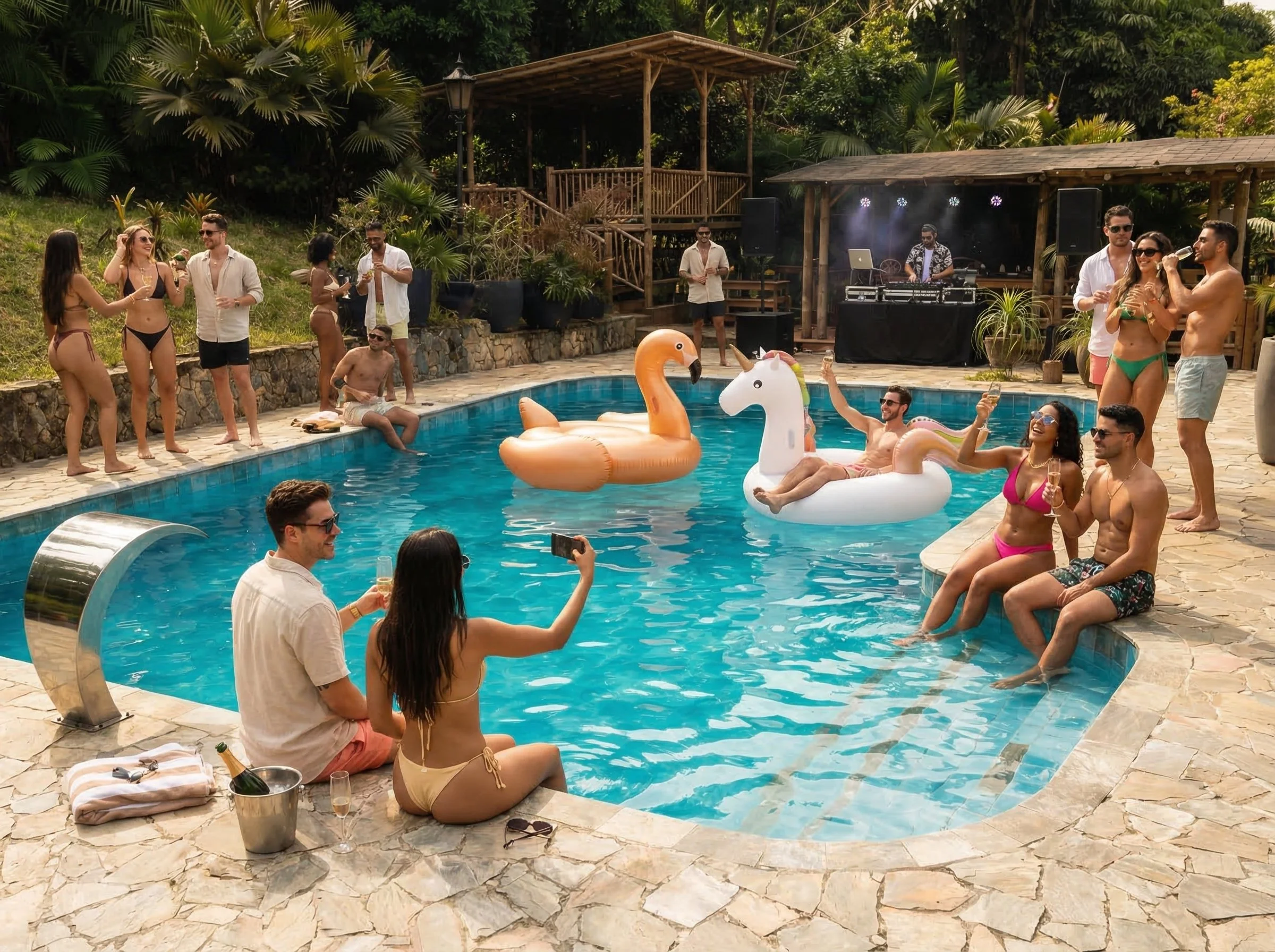 People enjoying a pool party with inflatable swan and unicorn floats, surrounded by lush greenery and a DJ setup in the background.