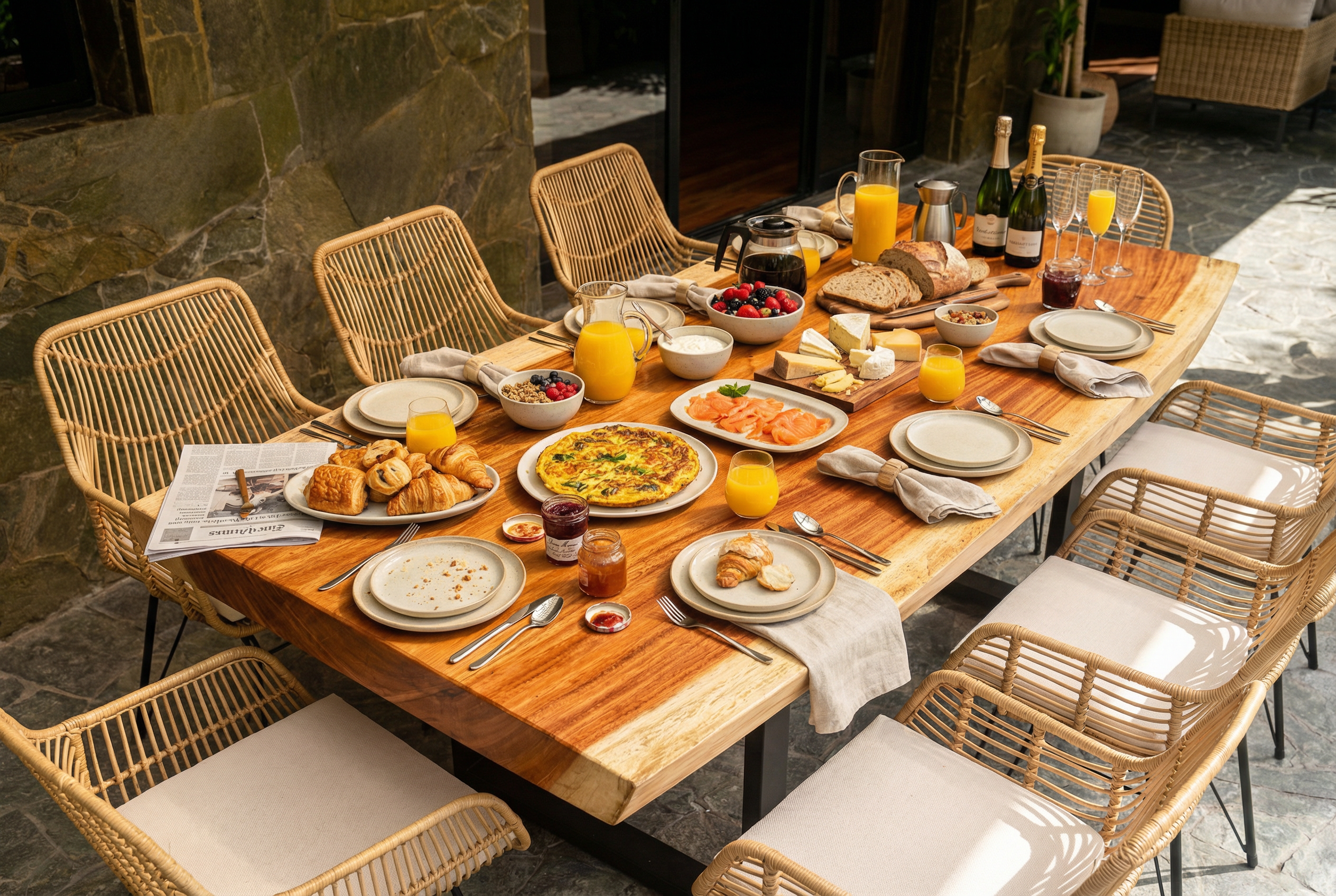 A large wooden table set for breakfast with various foods including bread, fruit, eggs, smoked salmon, juices, and champagne, with wicker chairs around it in an outdoor or patio setting.