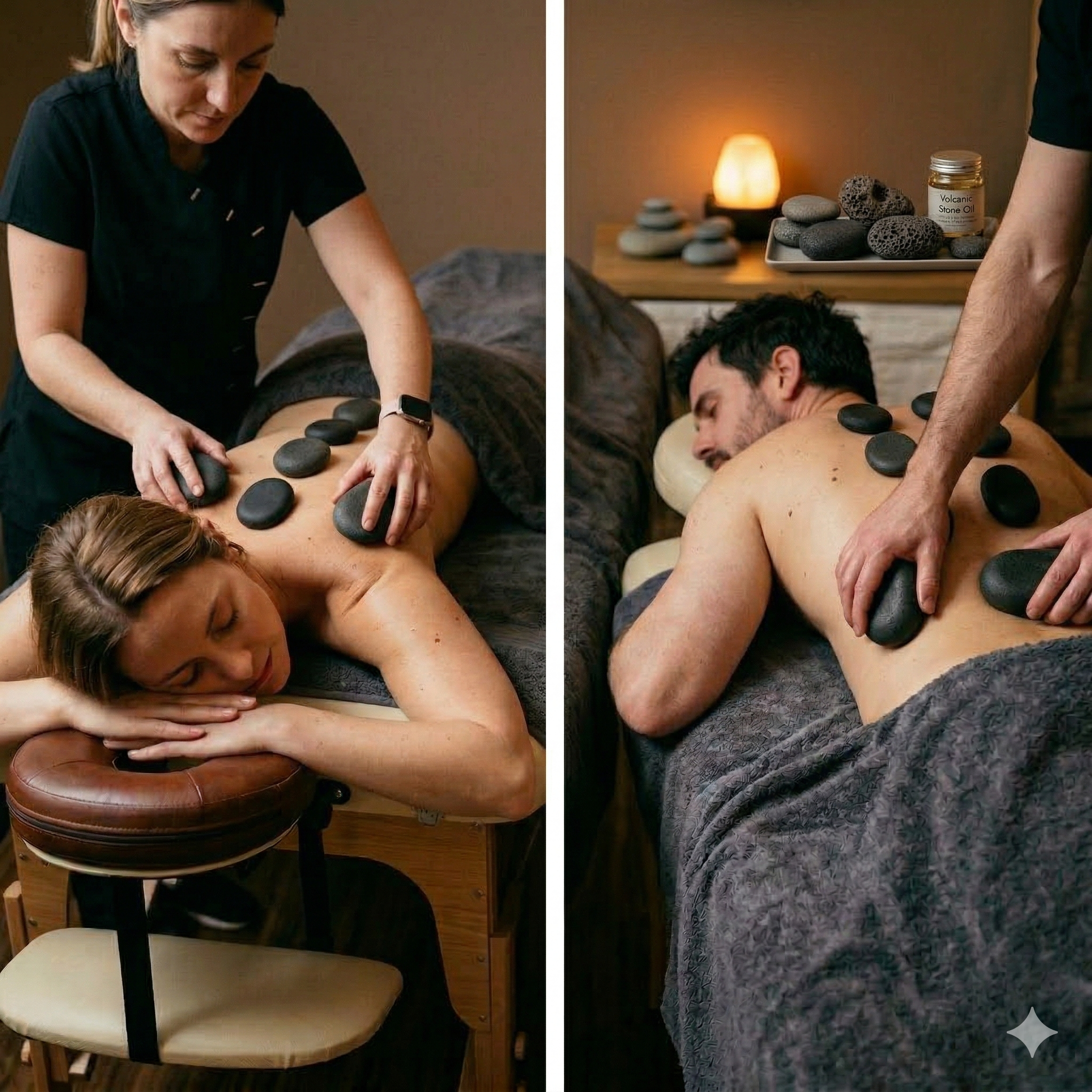 A woman lying face down on a massage table with smooth black stones placed along her back, receiving a hot stone massage. The setting appears to be a wellness or massage therapy room, with a small lamp, stones, and a jar labeled "Volcanic Stone Oil" on a side table in the background.