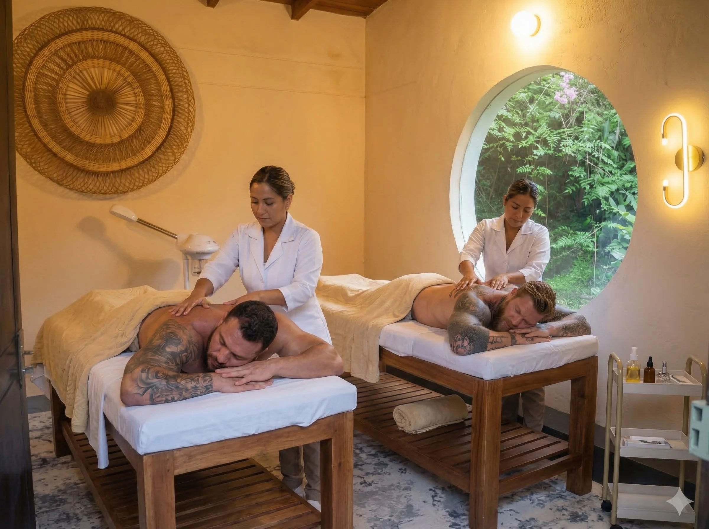 Two massage therapists giving massages to men lying face down on massage tables in a cozy spa room with a large round window showing green foliage outside, warm lighting, and wooden decor.