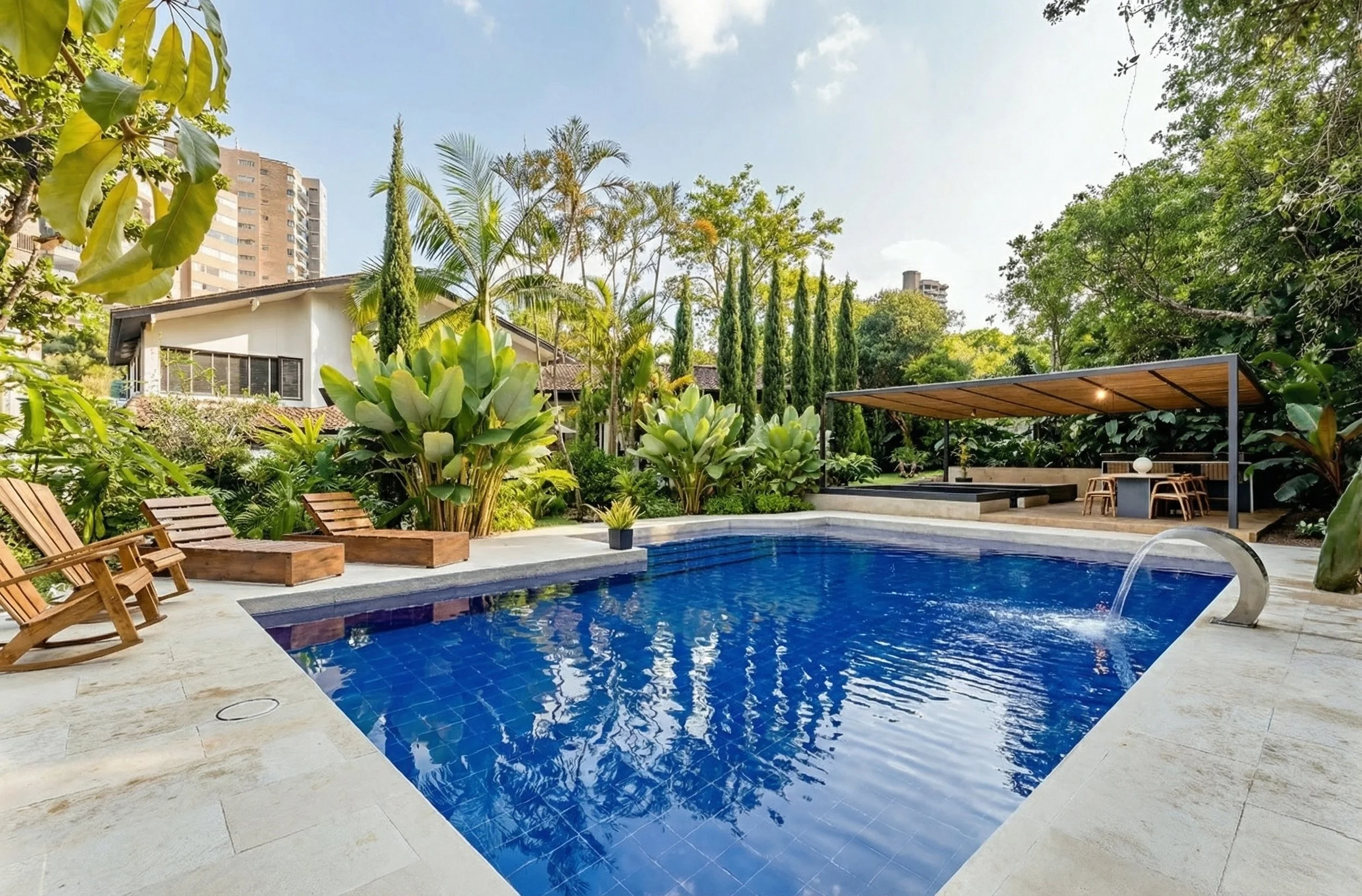Outdoor swimming pool with blue tiles, surrounded by lounge chairs and lush green trees, with a covered seating area and high-rise buildings in the background.