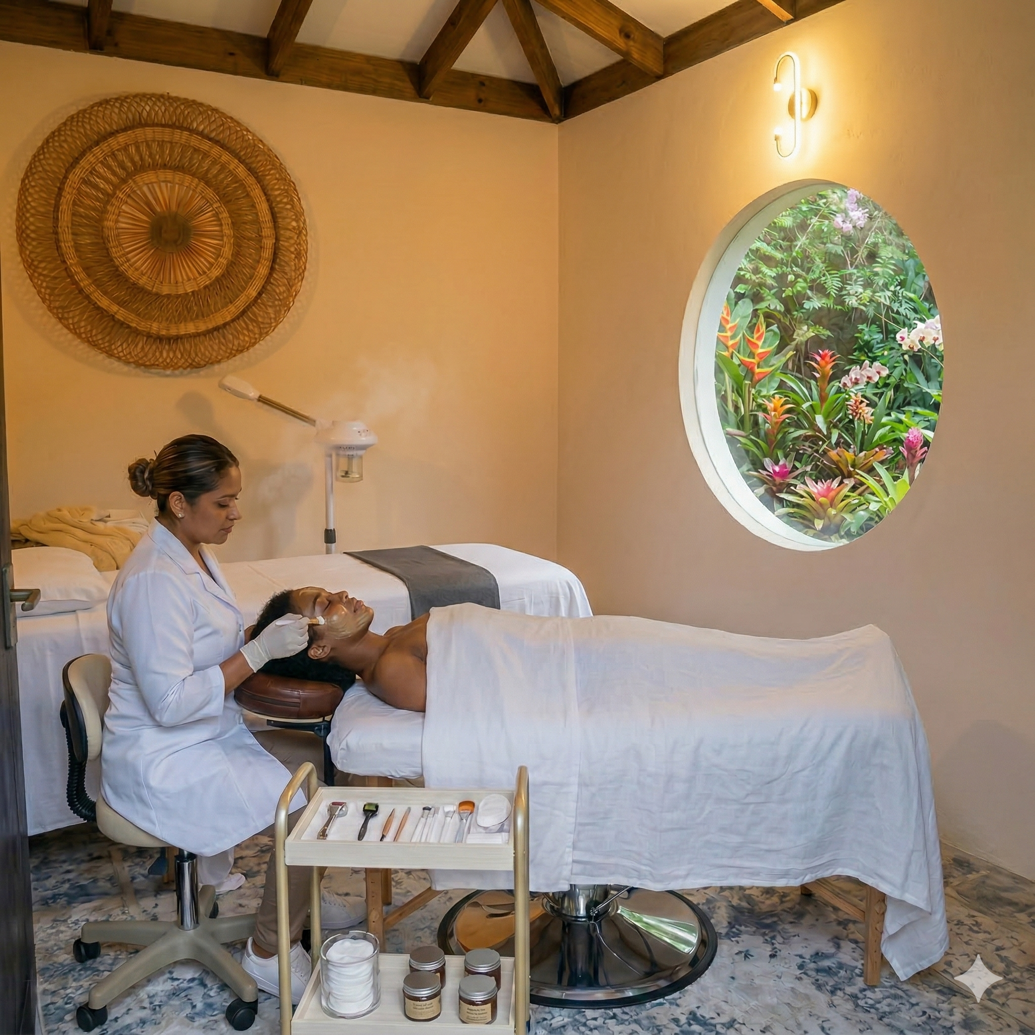 A person receiving a facial treatment while lying on a massage bed in a treatment room with a large round window showing tropical plants and flowers outside, decorated with a woven wall art and wooden beams on the ceiling.