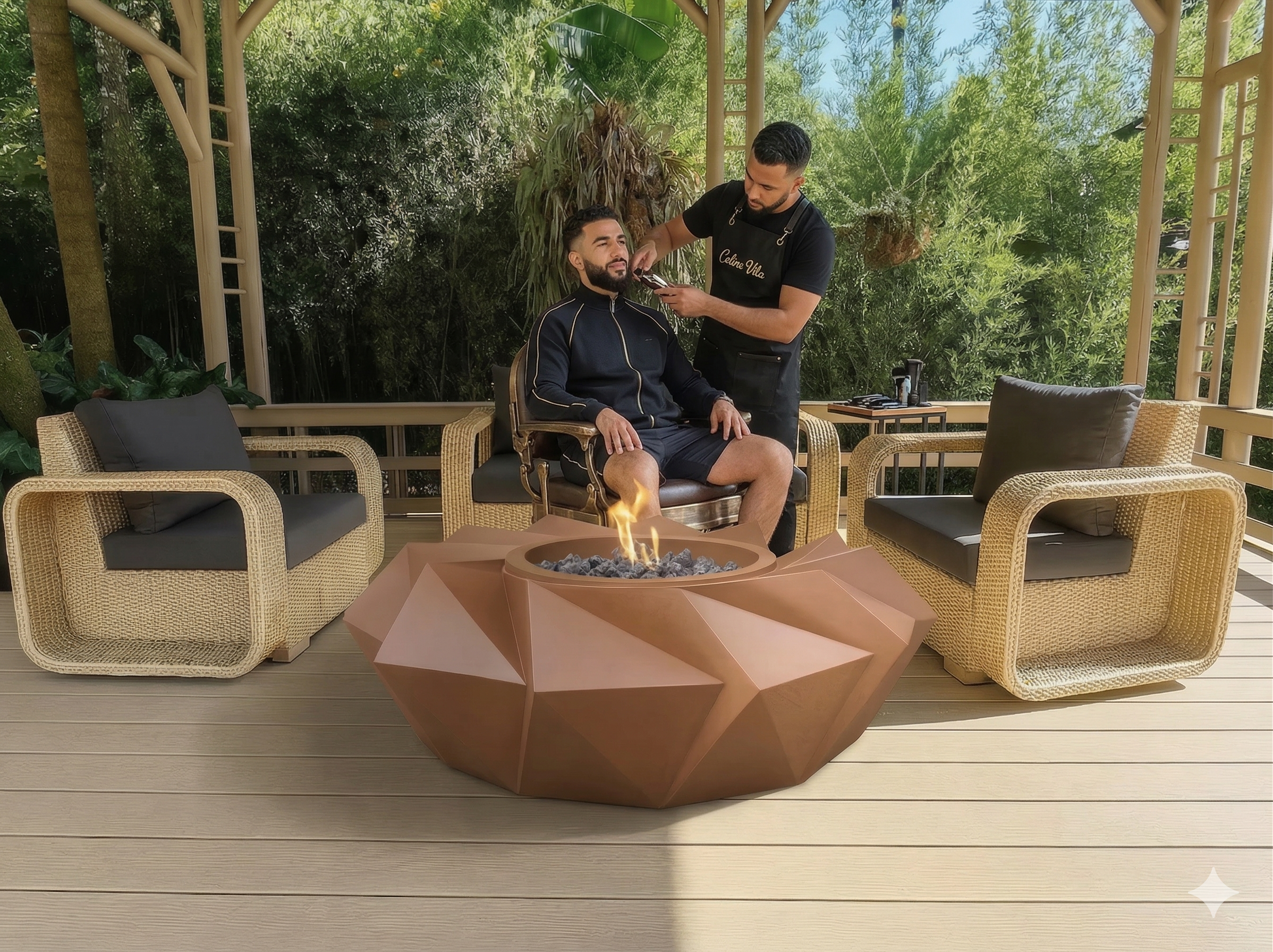 A man with a beard seated in a chair at an outdoor setting, receiving a shave or grooming service from a hairstylist or barber. The setting is surrounded by greenery with a decorative fire feature in the foreground and wicker chairs around.