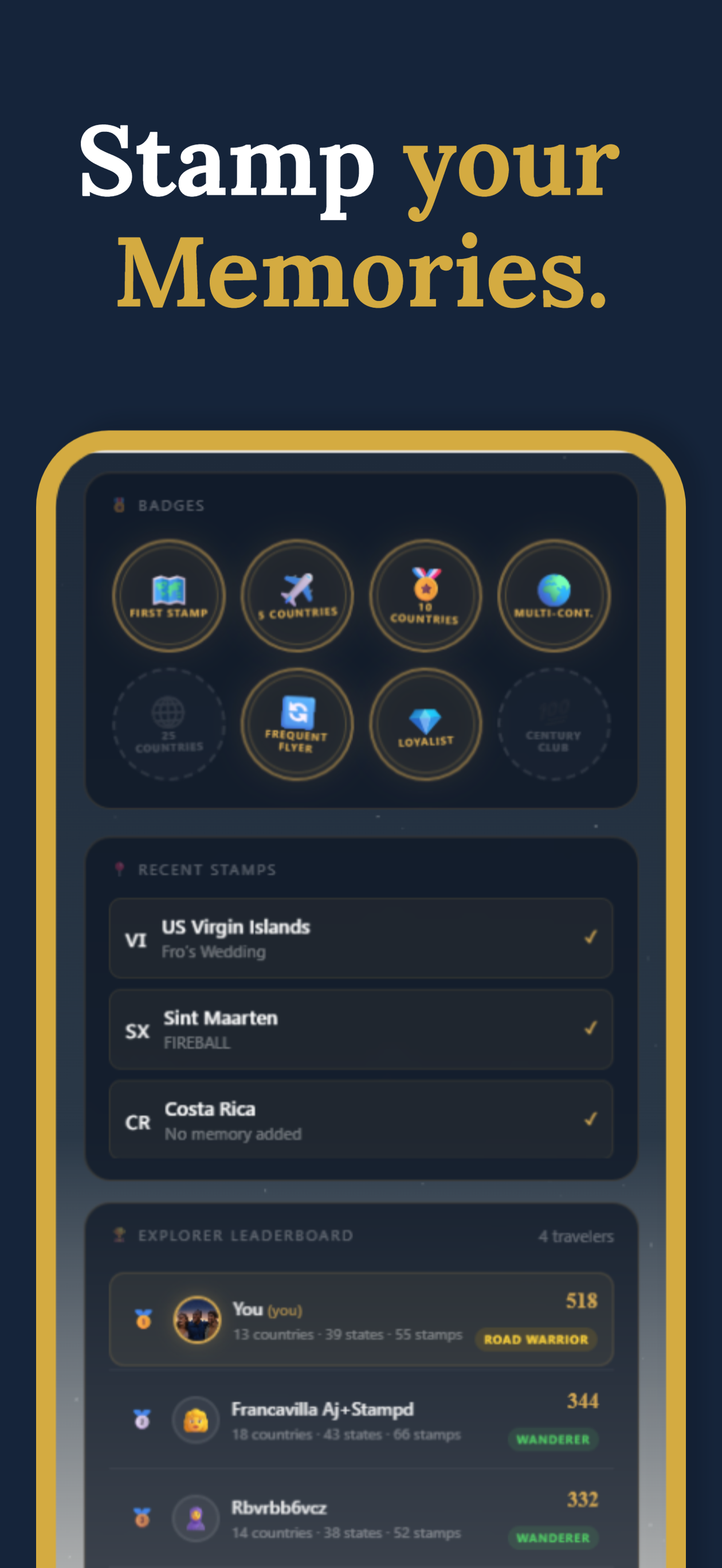 A digital app interface with the phrase 'Stamp your Memories' at the top. The app displays badges, recent stamps from various locations, and a leaderboard showing traveler rankings with points and status.